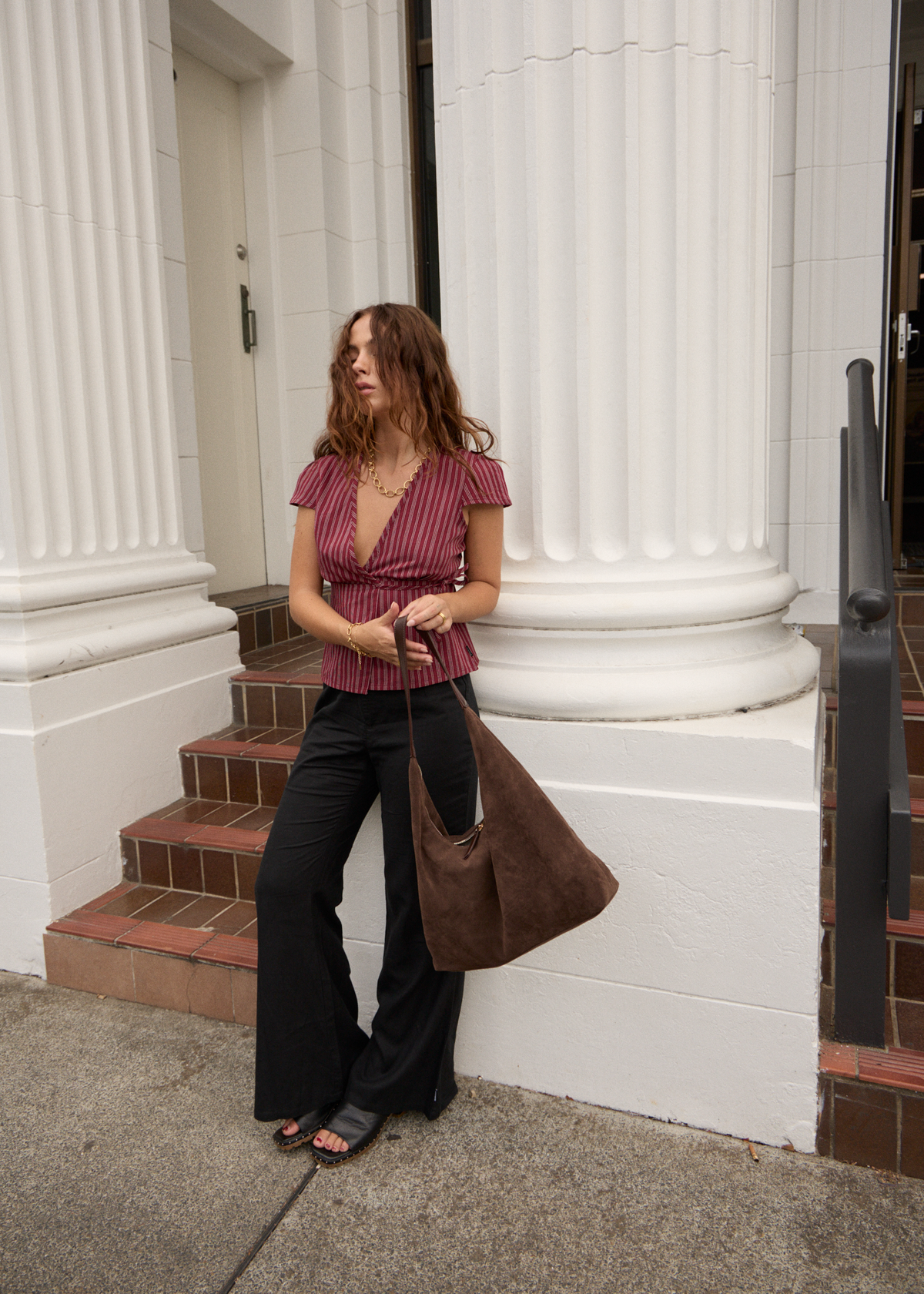 Ledger - Wrap Top - Burgundy Stripe