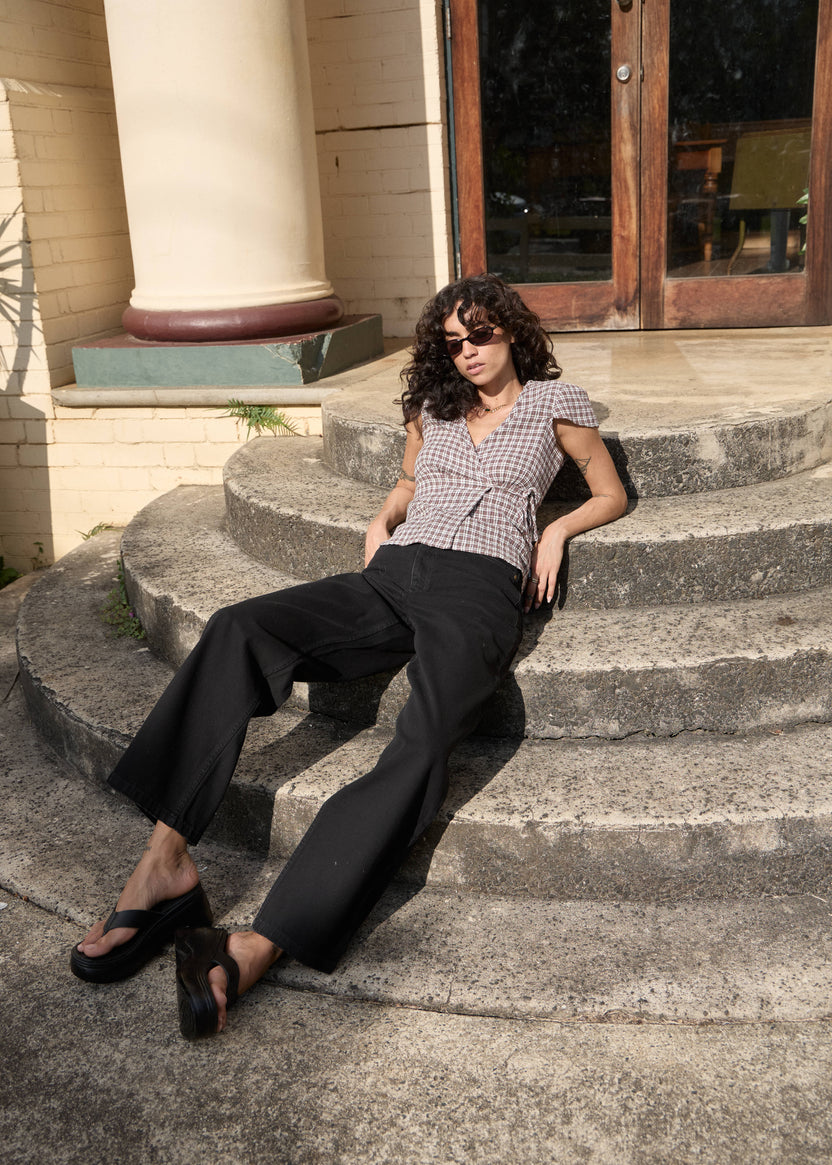 Loula - Seersucker Wrap Top - Coffee Check