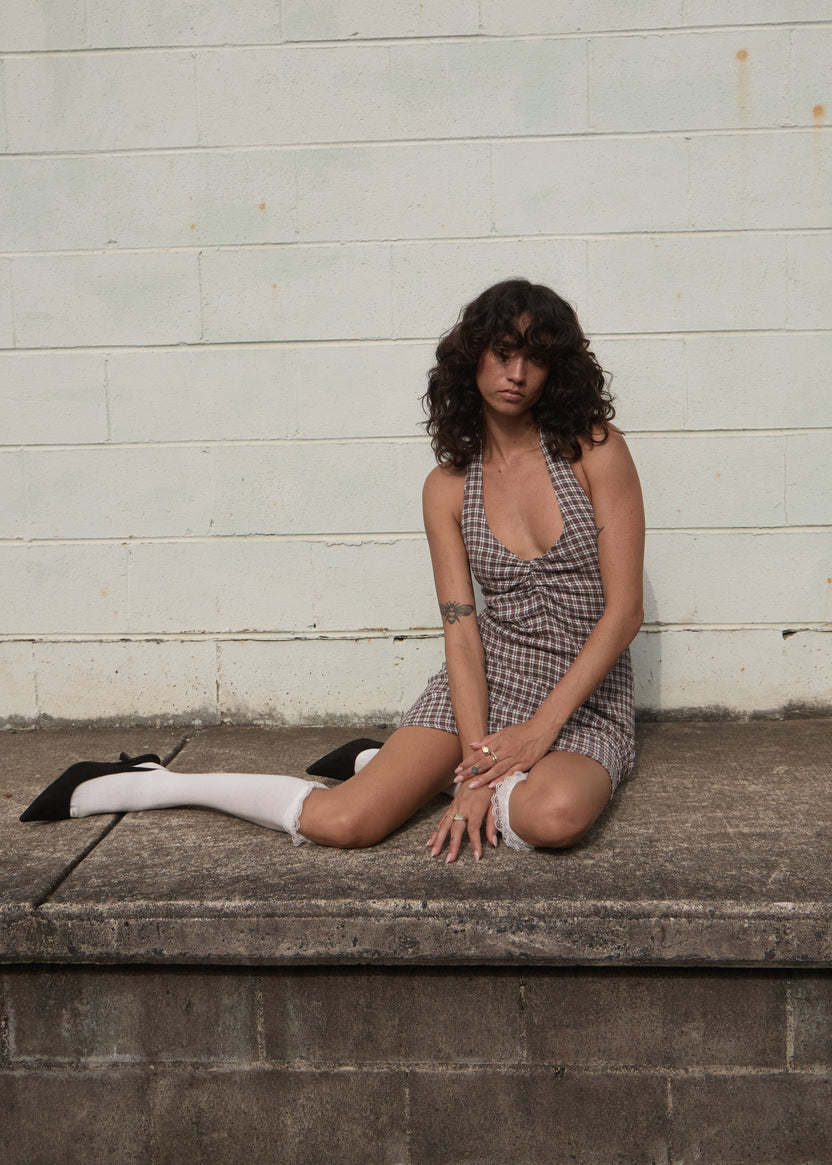 Base Montana - Seersucker Halter Mini Dress - Coffee Check