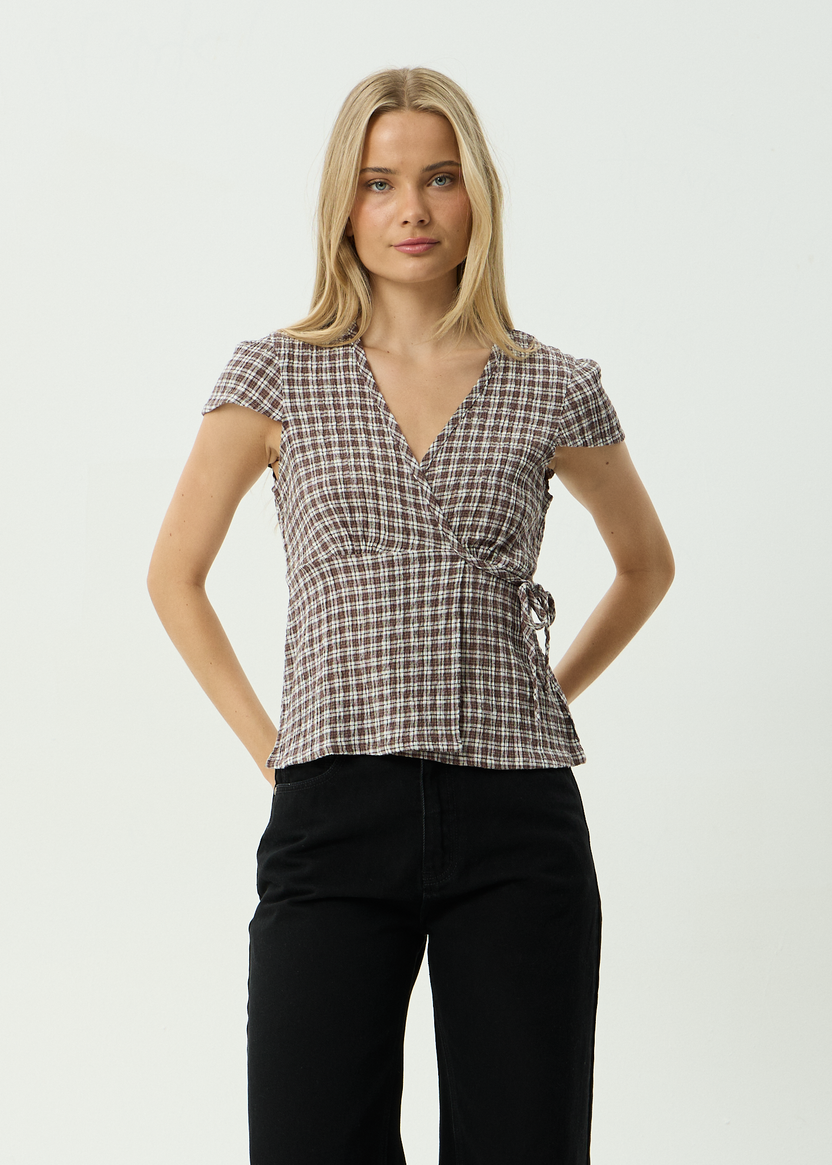 Loula - Seersucker Wrap Top - Coffee Check