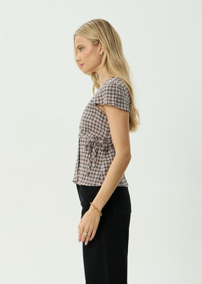 Loula - Seersucker Wrap Top - Coffee Check