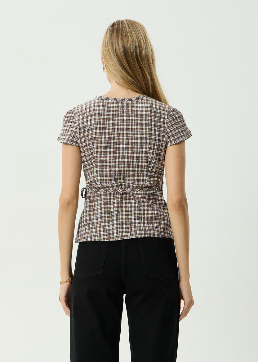 Loula - Seersucker Wrap Top - Coffee Check
