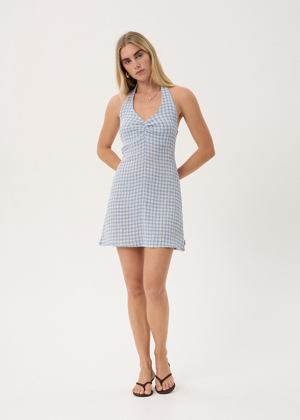Montana Seersucker Halter Dress - Powder Blue Check