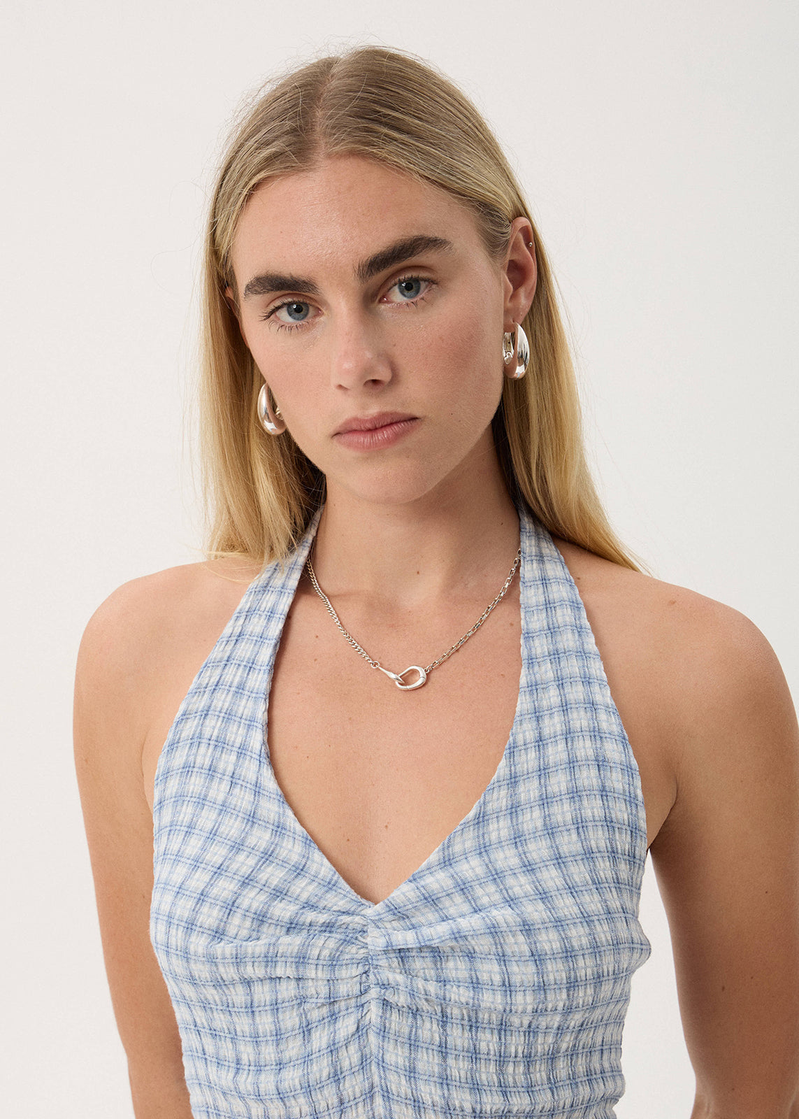 Montana Seersucker Halter Dress - Powder Blue Check