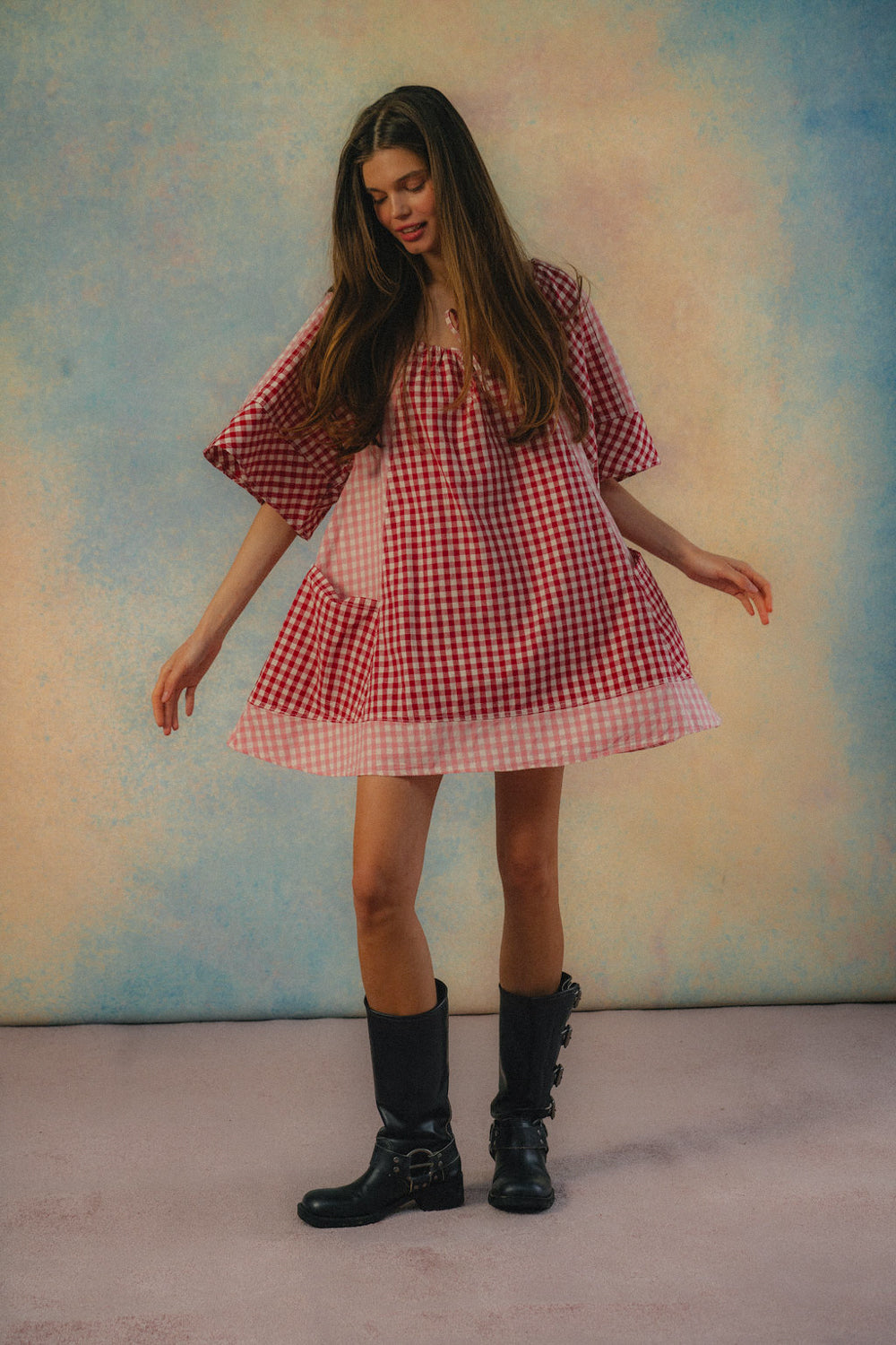 Bloom Check Dress - Pink Red