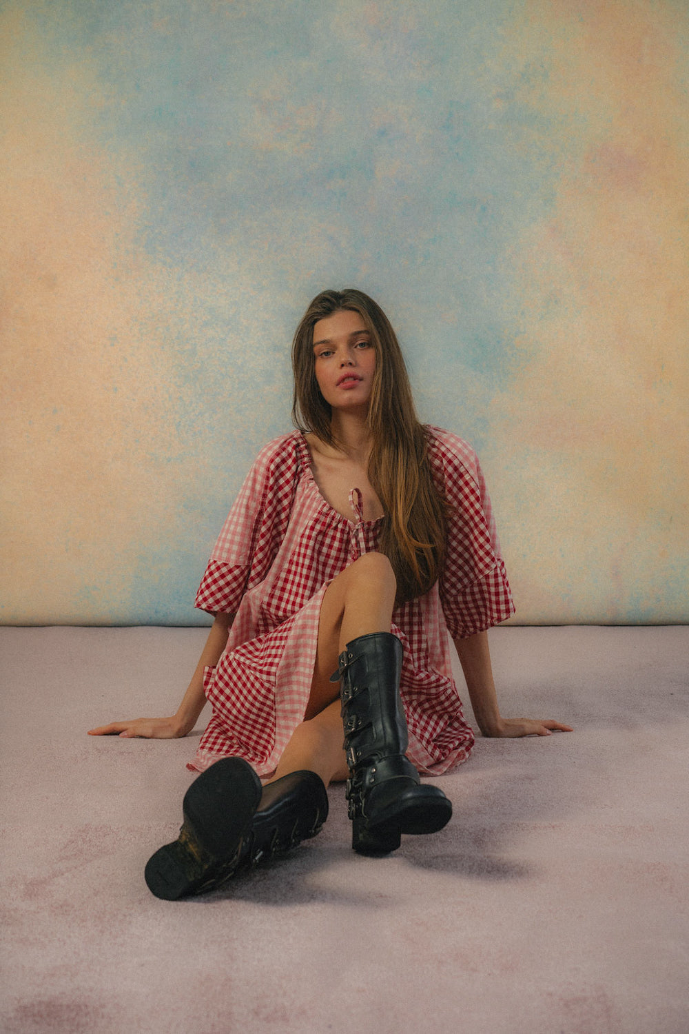 Bloom Check Dress - Pink Red