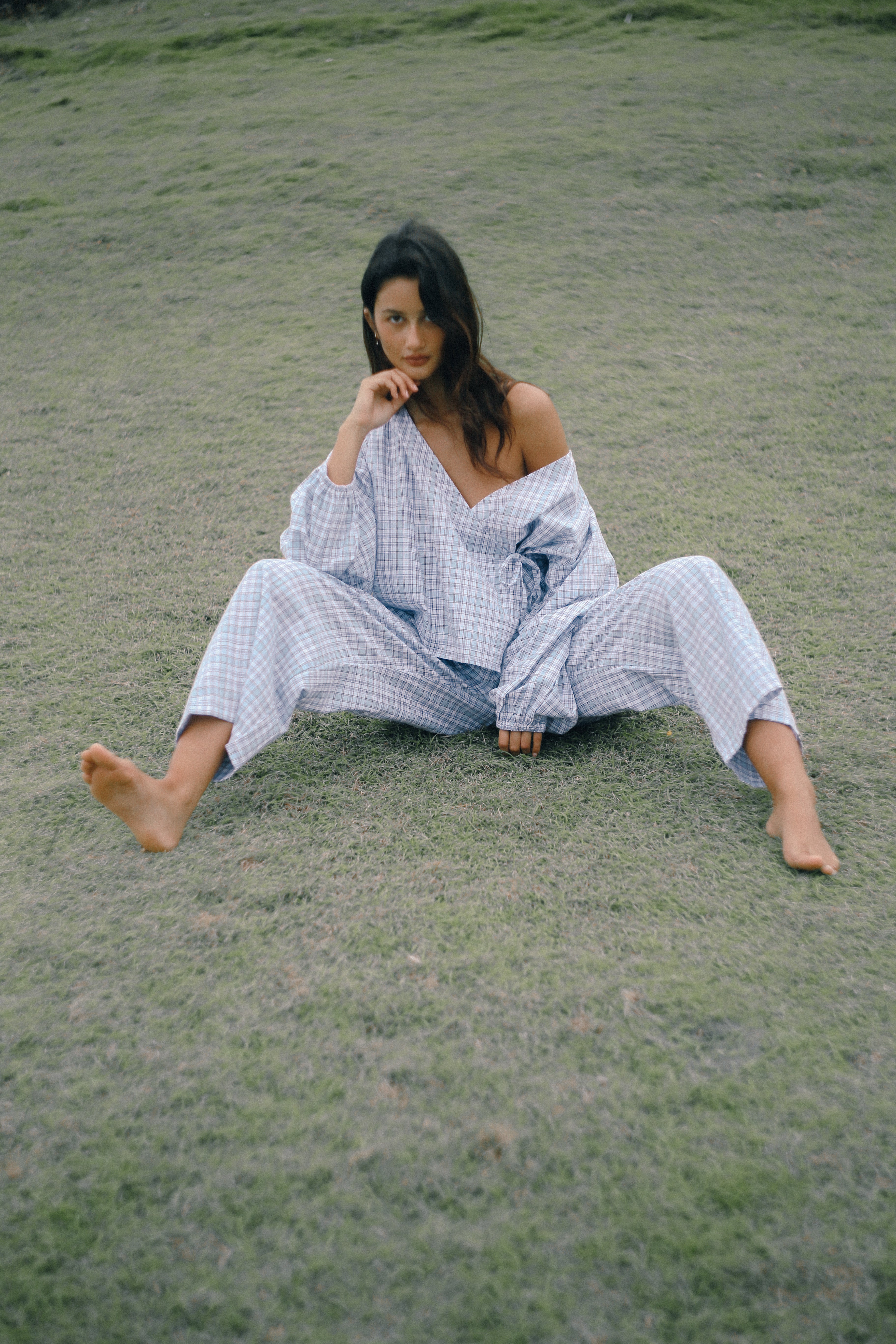 Chloe Tie Pant - Cloud Plaid