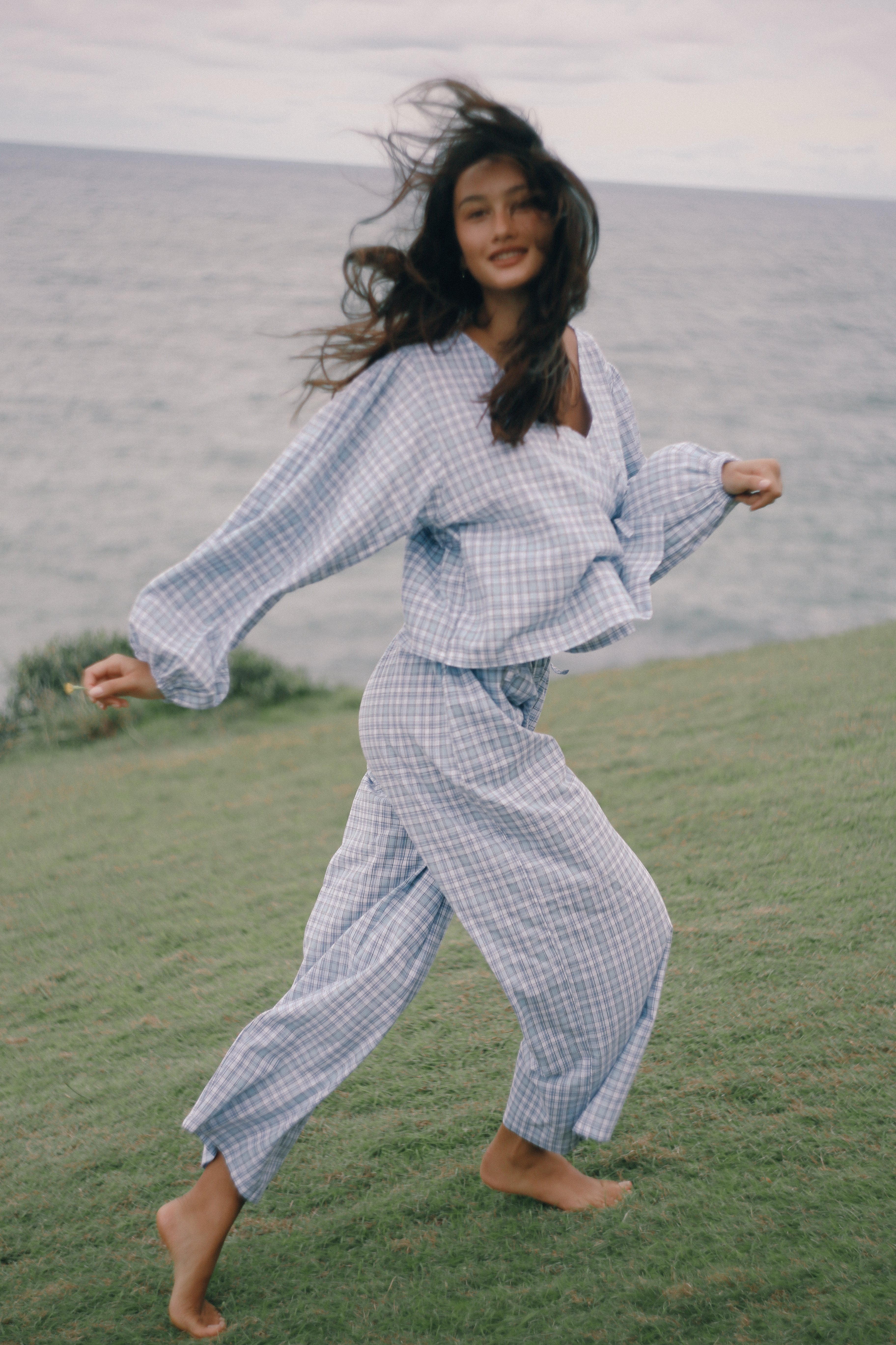 Chloe Tie Pant - Cloud Plaid