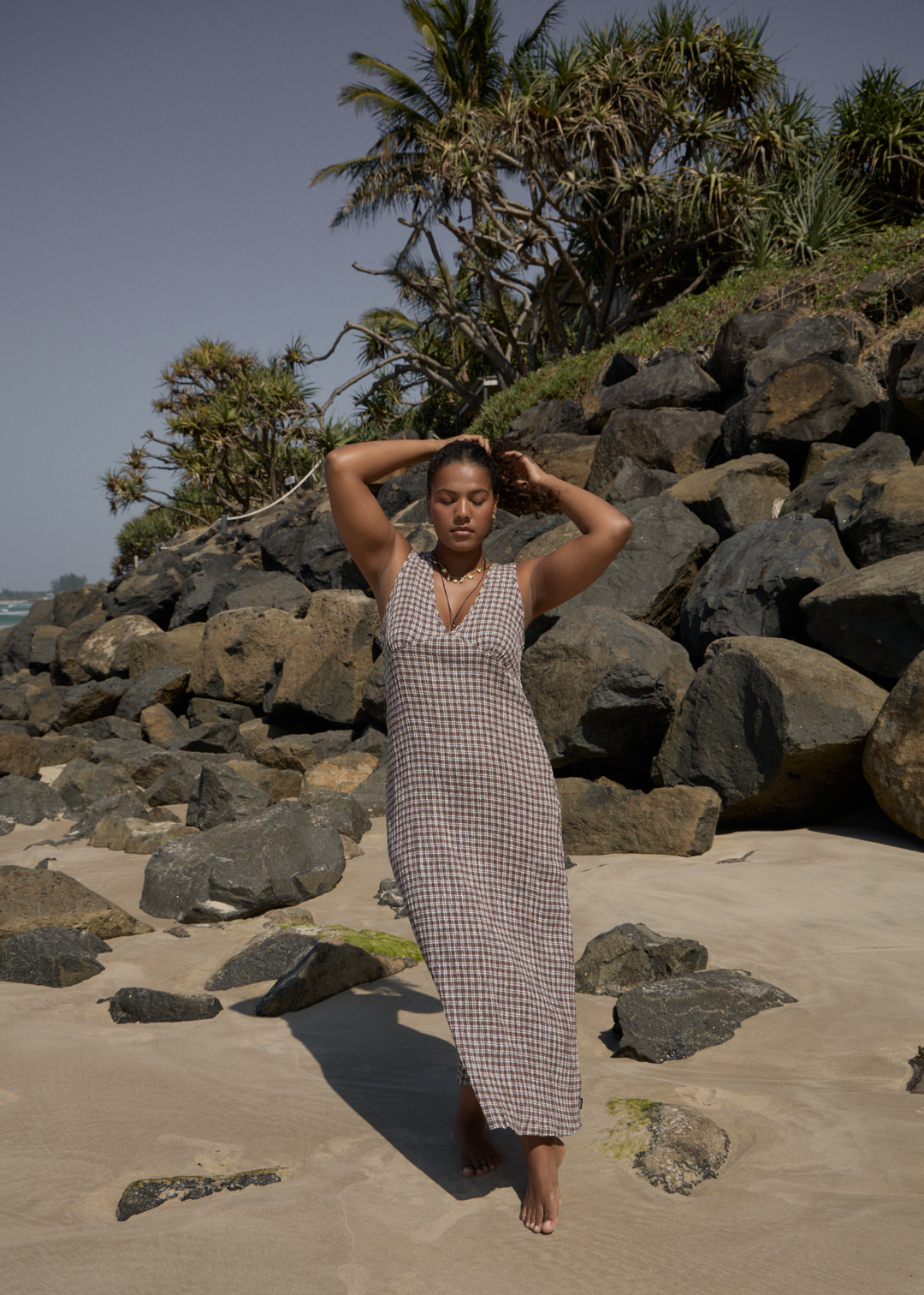 Base Seersucker Maxi Dress - Coffee Check