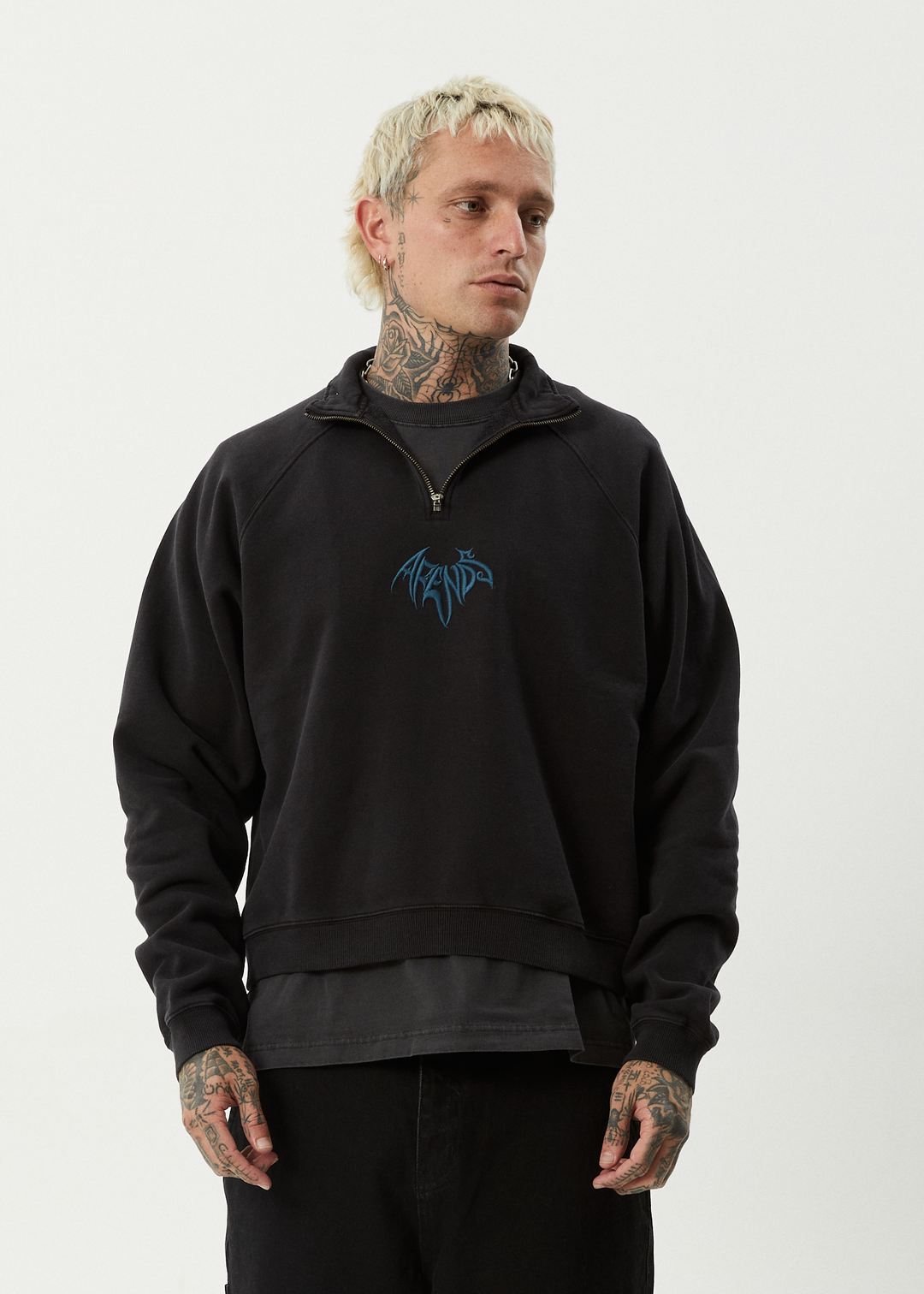 Bats Raglan Quarter Zip Crew - Stone Black