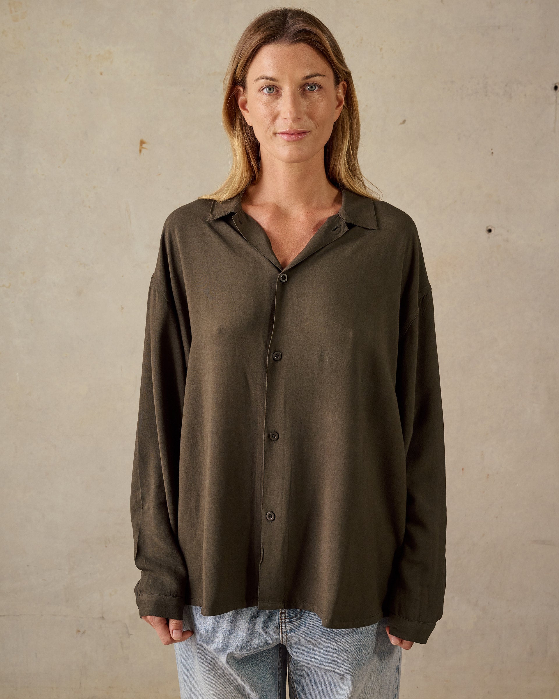 Boxy Long Sleeve Shirt - Dark Green