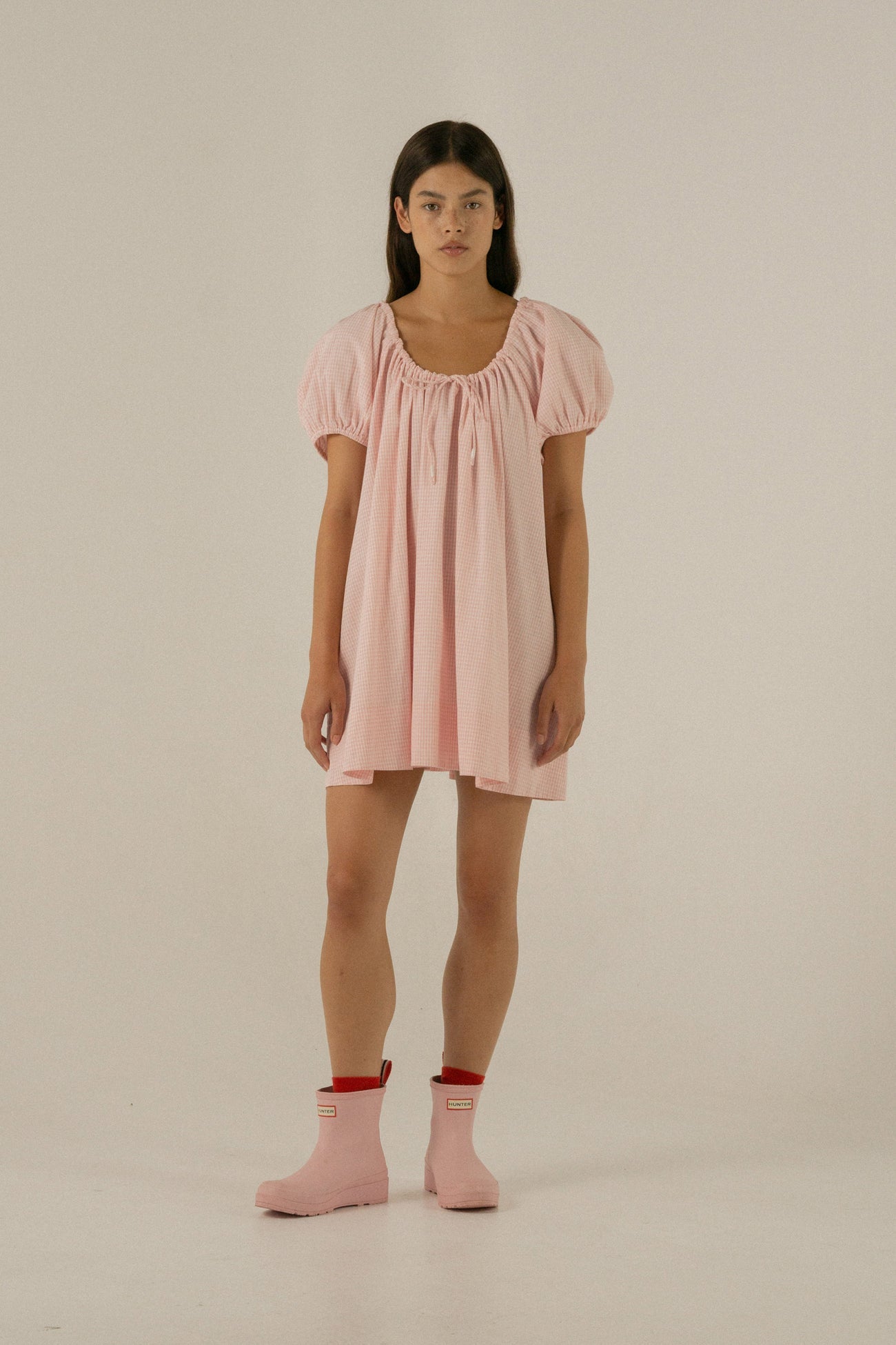 Everyday Drawcord Dress - Baby Pink Gingham