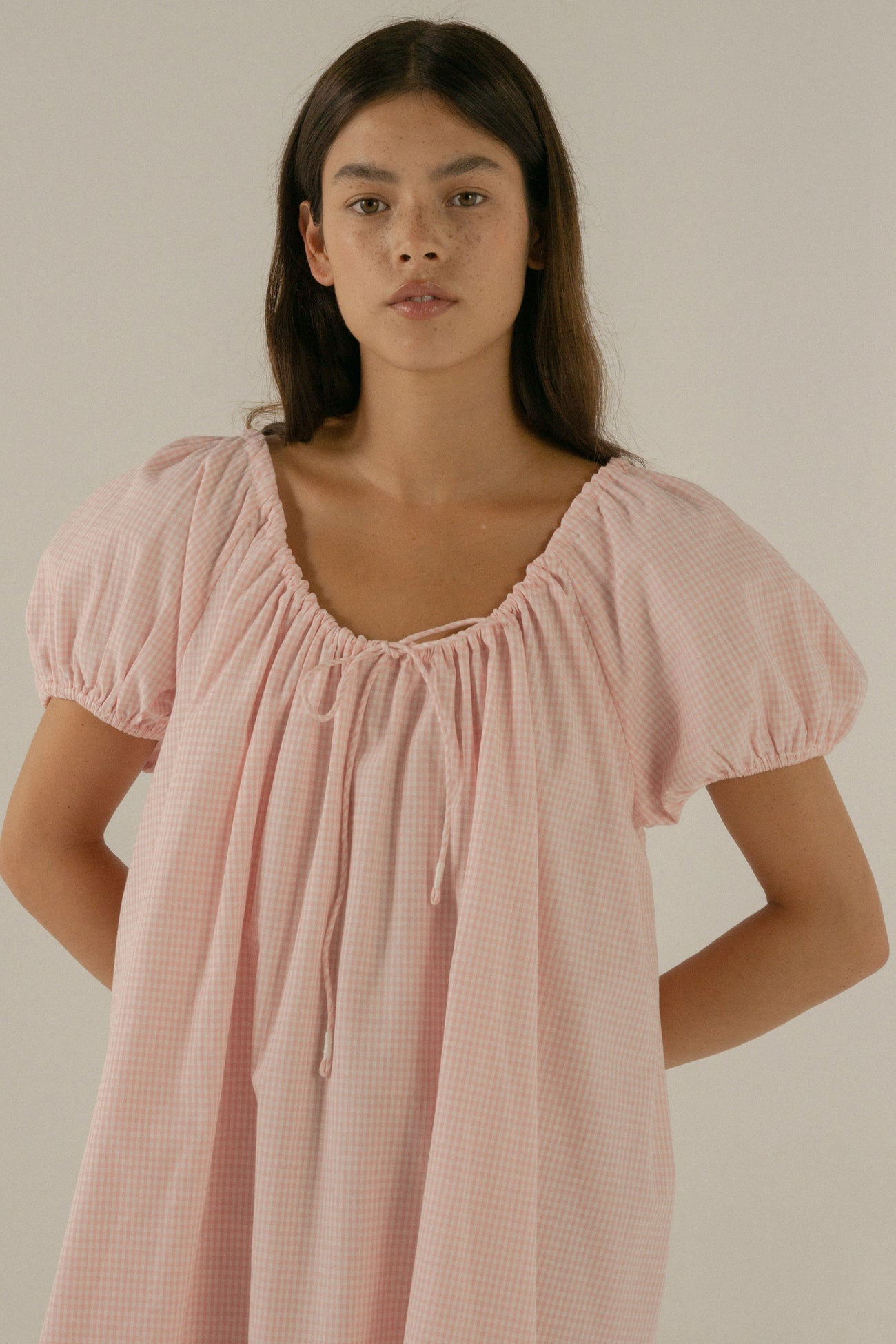 Everyday Drawcord Dress - Baby Pink Gingham