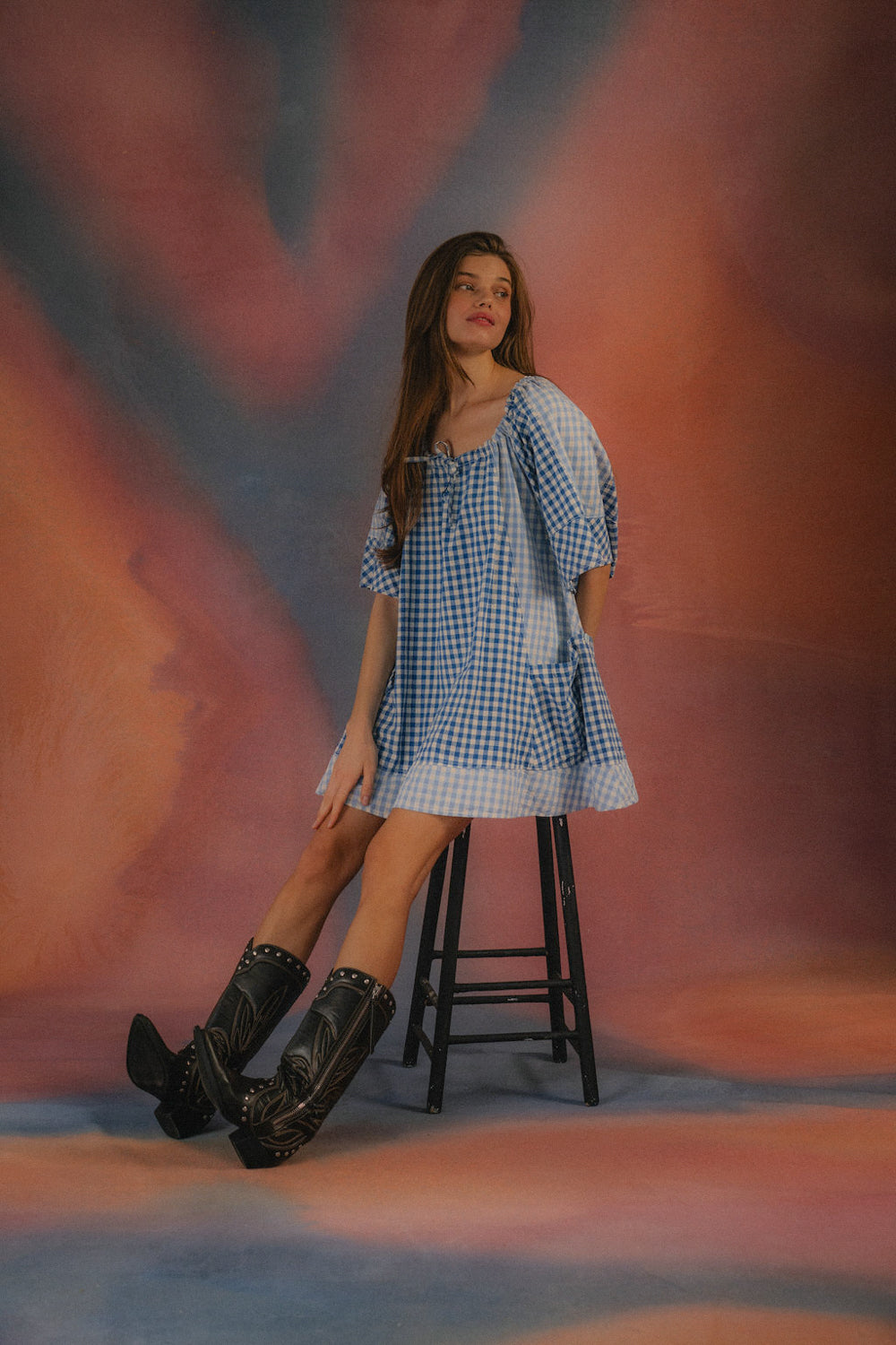 Powder Check Dress - Blue