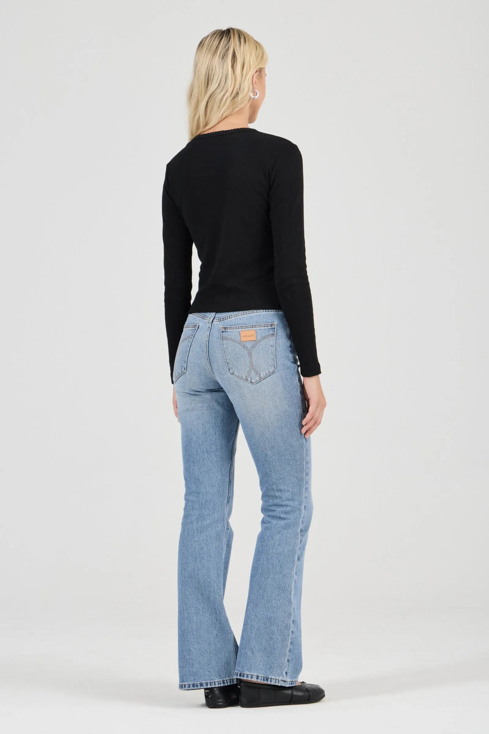 Pointelle Long Sleeve Top - Black