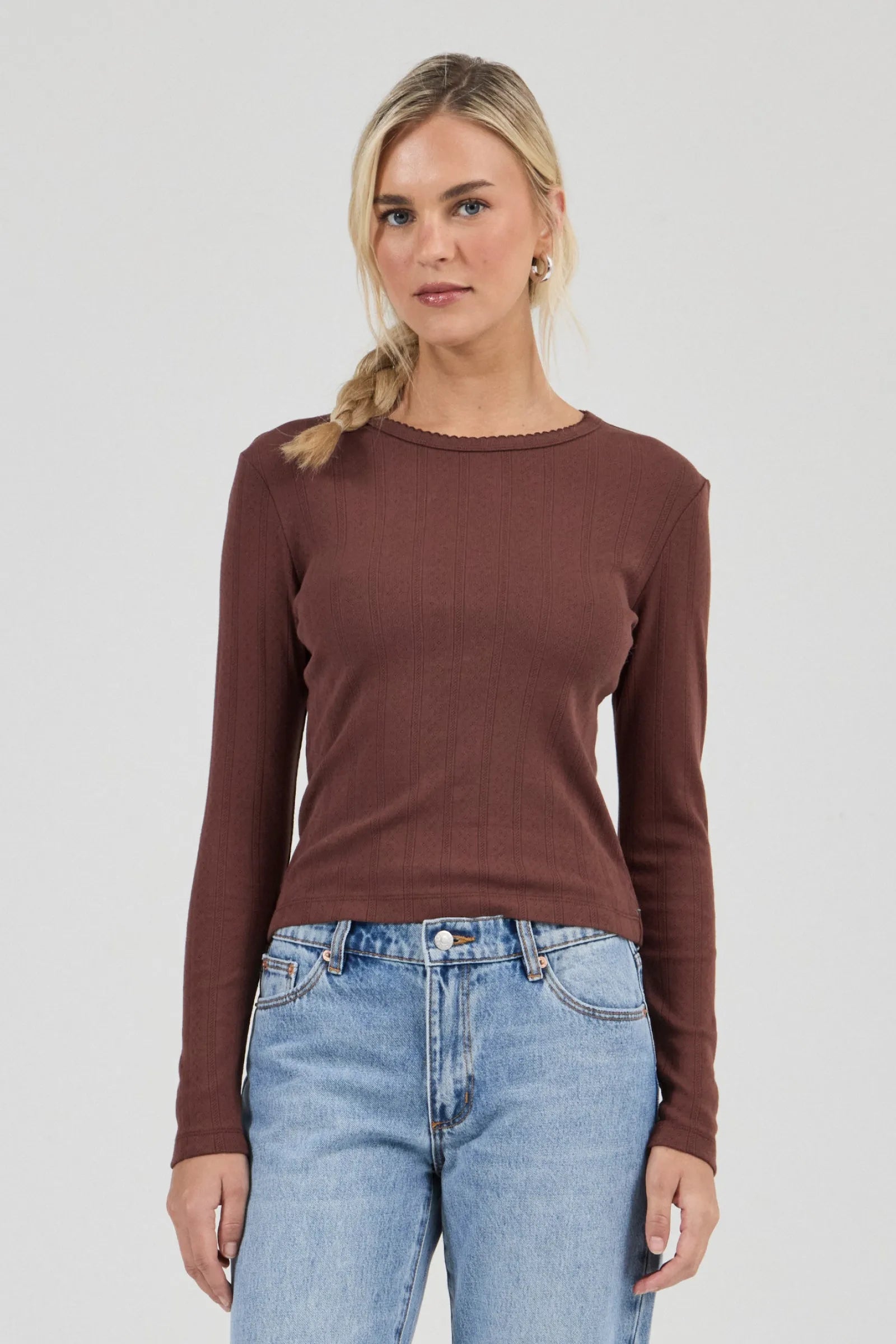 Pointelle Long Sleeve Top - Chocolate
