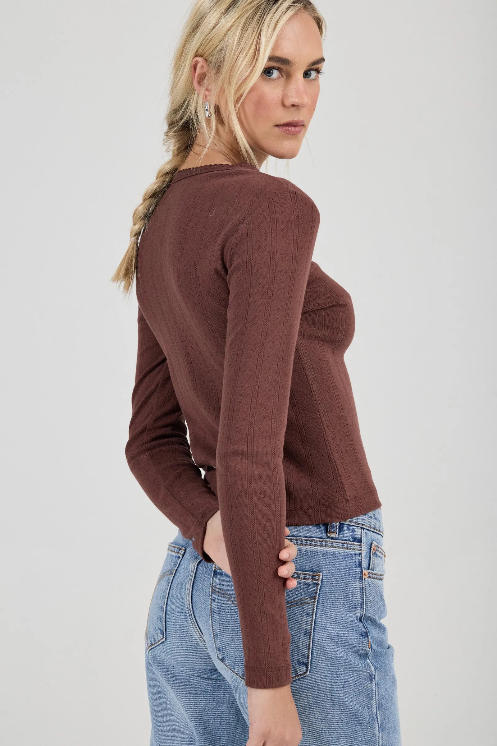 Pointelle Long Sleeve Top - Chocolate