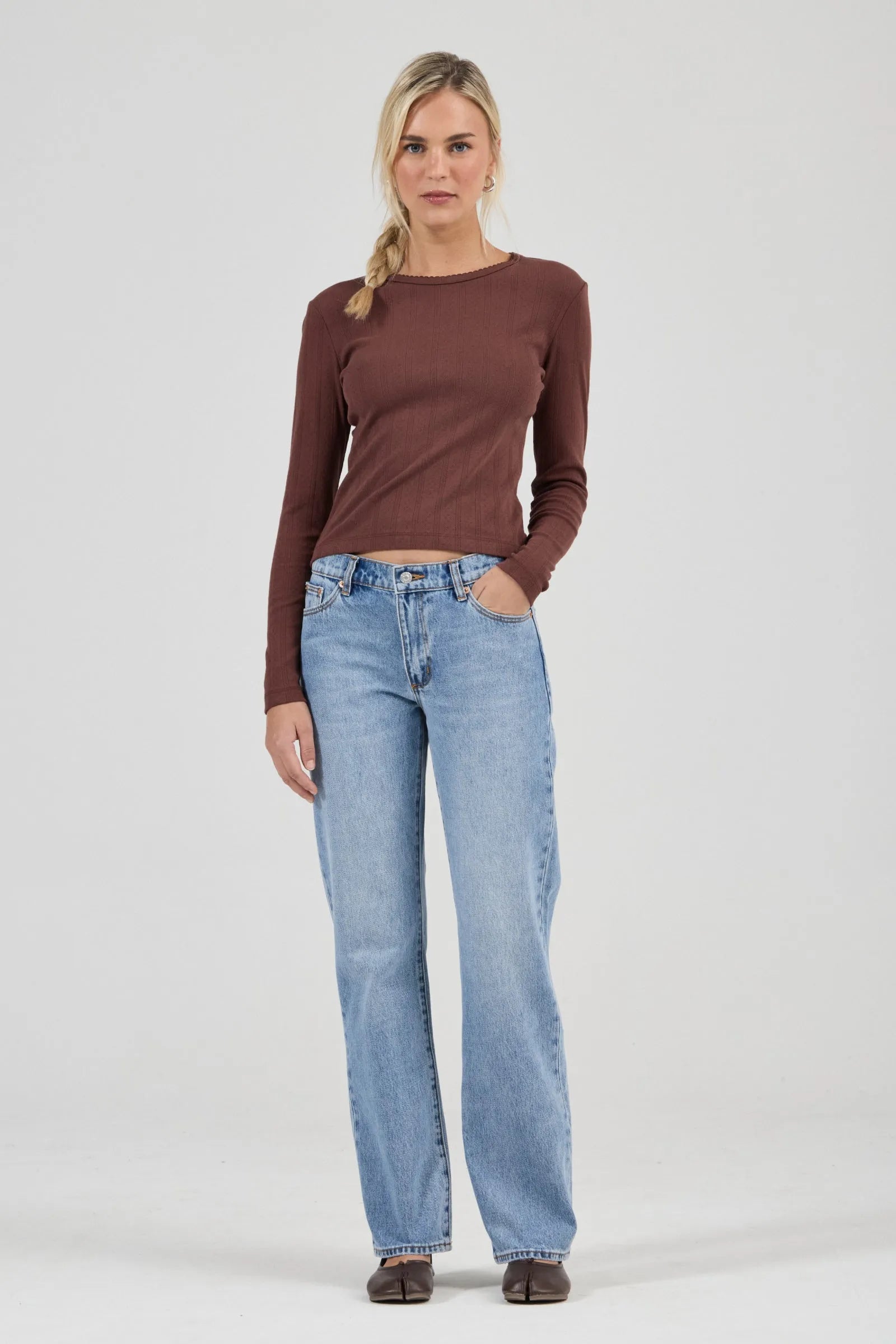 Pointelle Long Sleeve Top - Chocolate