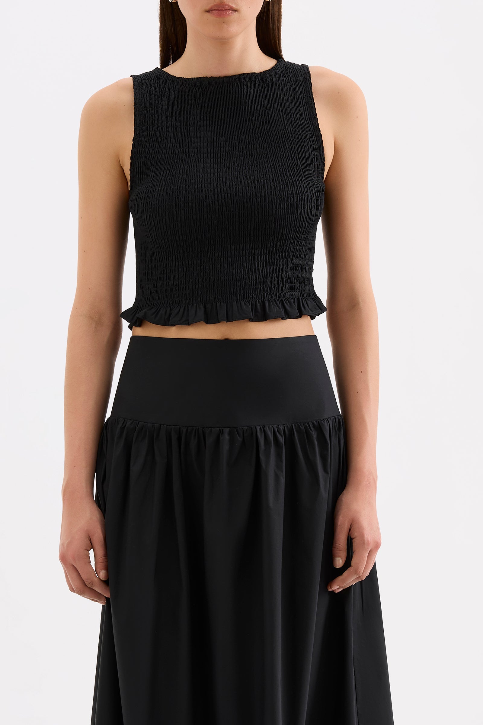 Greta Shirred Poplin Top - Black