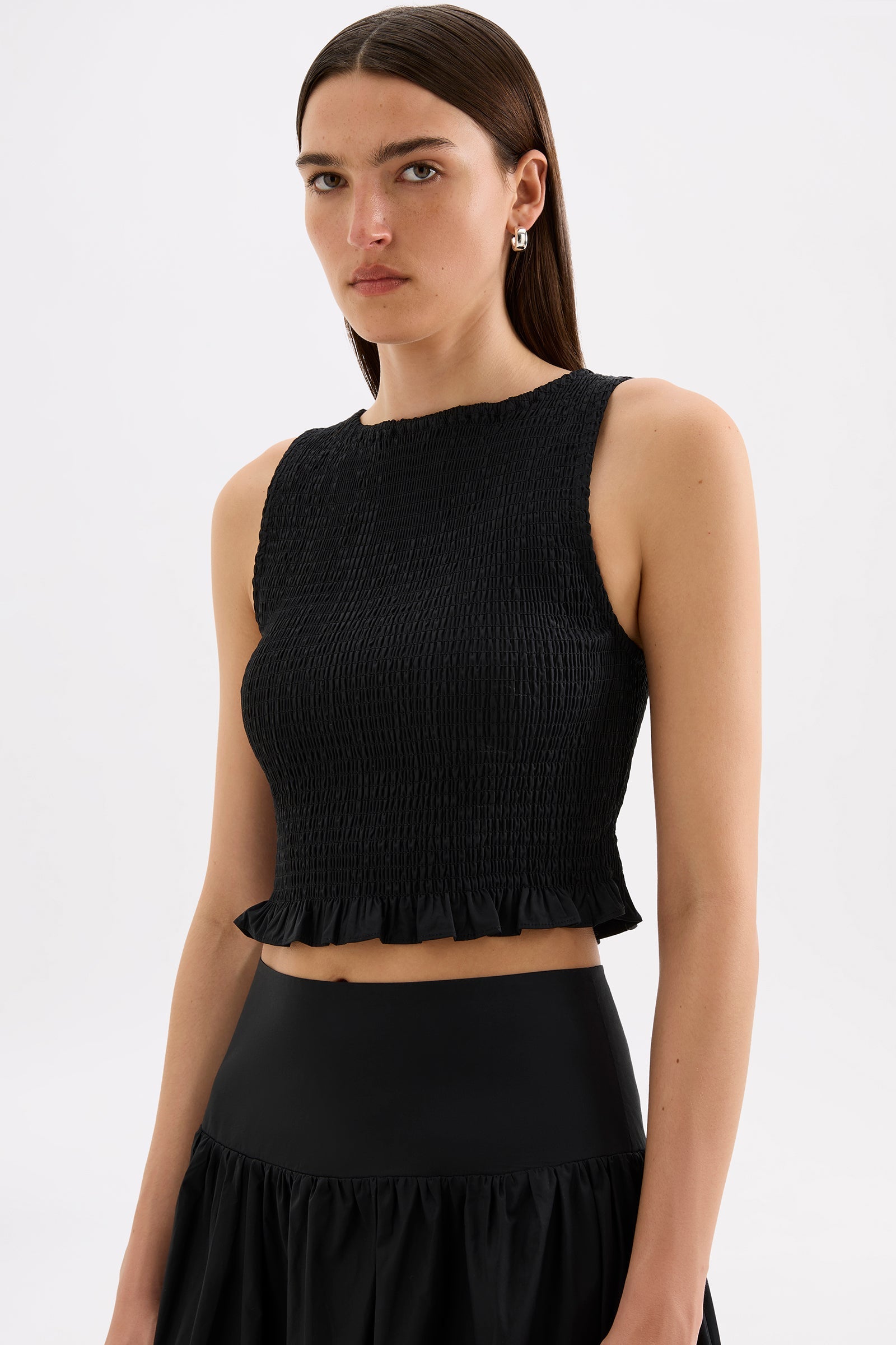 Greta Shirred Poplin Top - Black