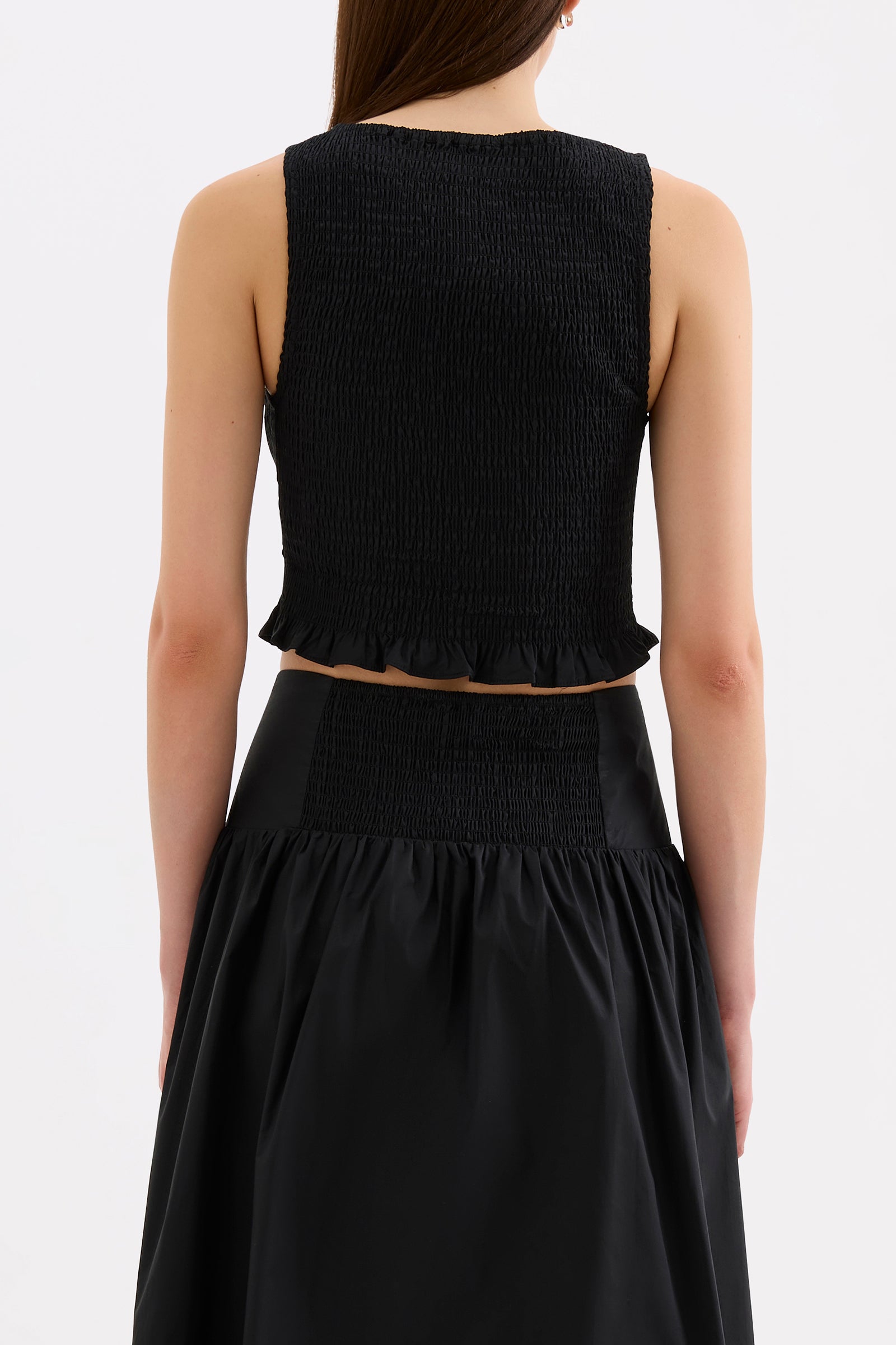 Greta Shirred Poplin Top - Black