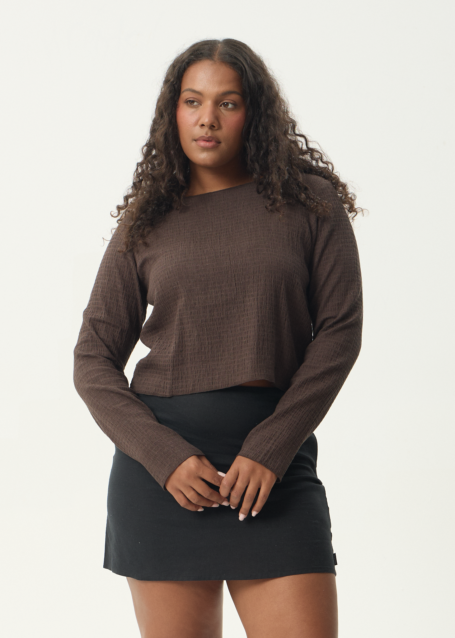 Focus Seersucker Long Sleeve Top - Coffee