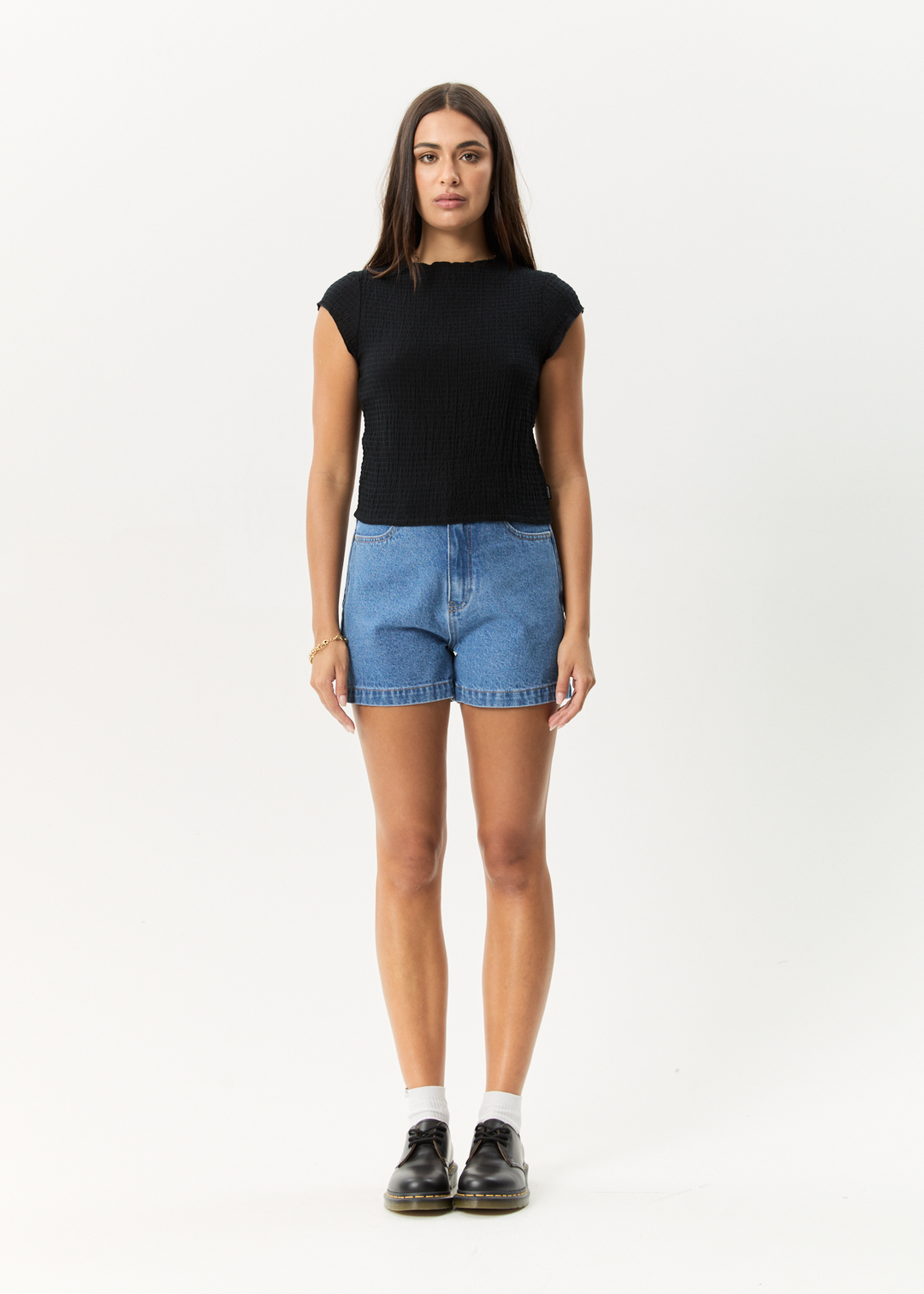 Focus Seersucker Mock Neck Top - Black