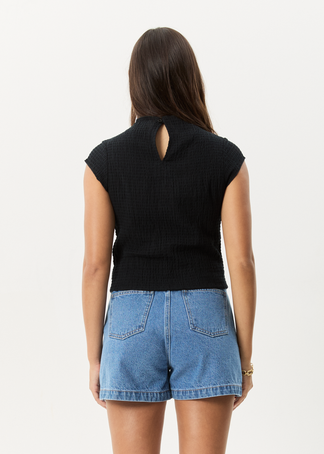 Focus Seersucker Mock Neck Top - Black