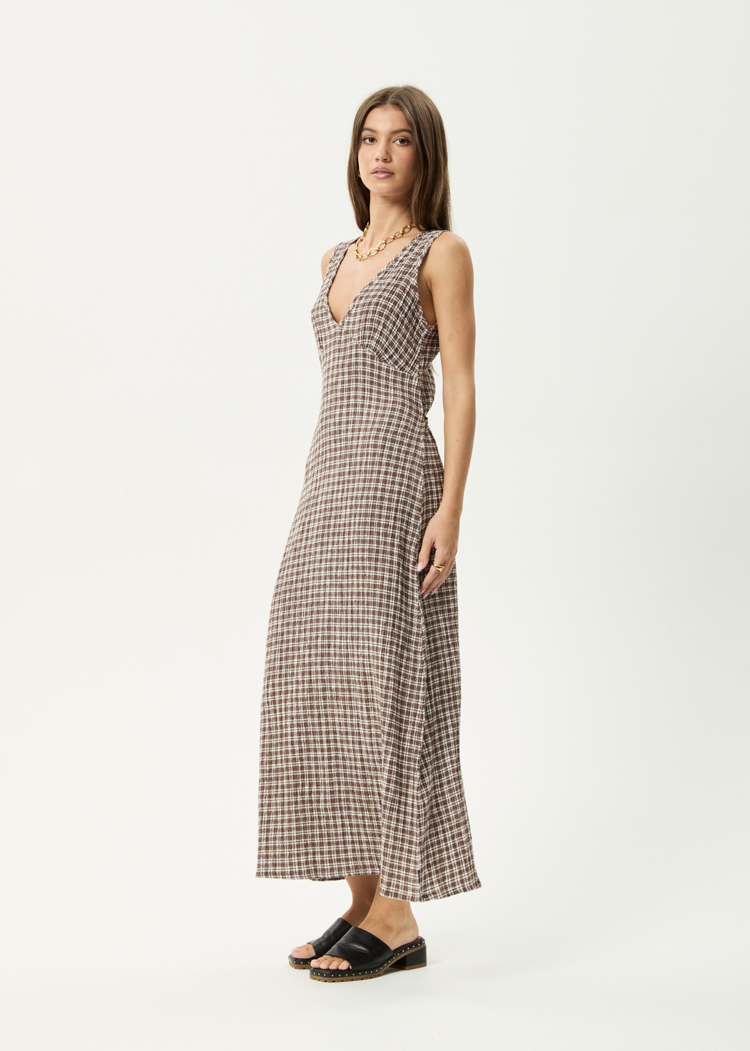 Base Seersucker Maxi Dress - Coffee Check