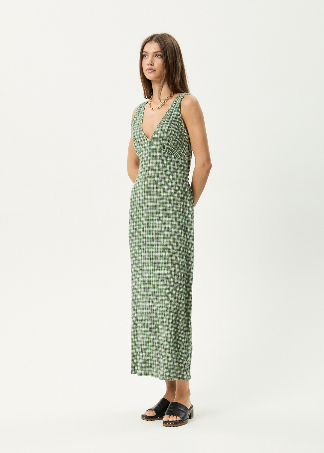 Base Seersucker Maxi Dress - Deep Green Check