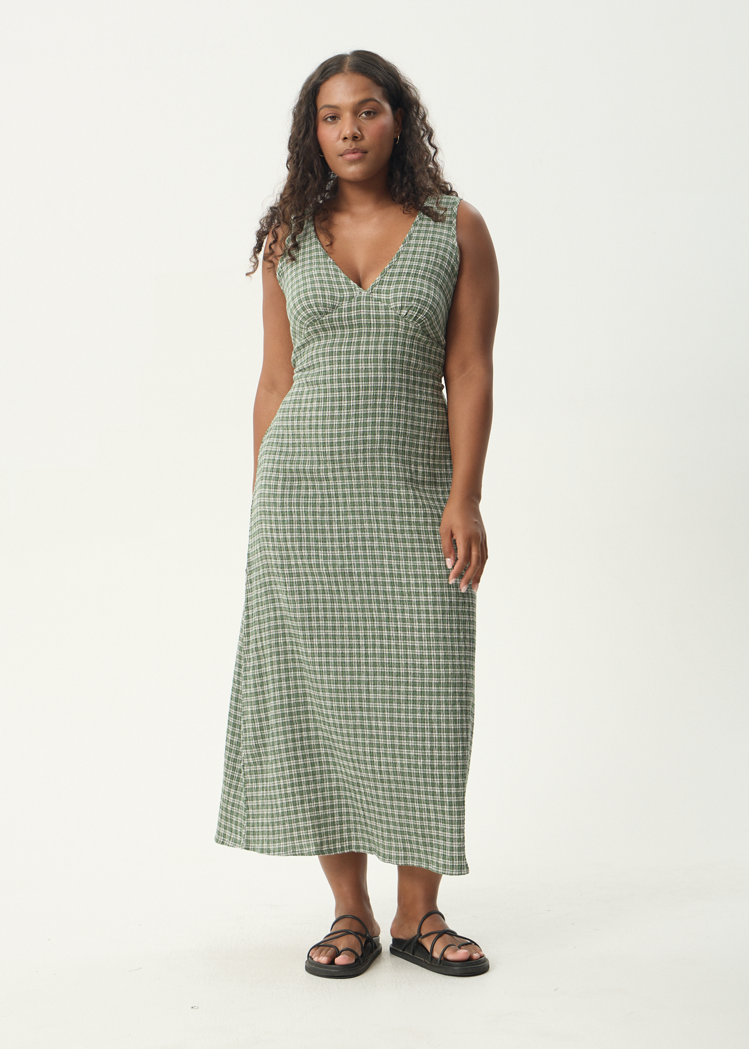 Base Seersucker Maxi Dress - Deep Green Check
