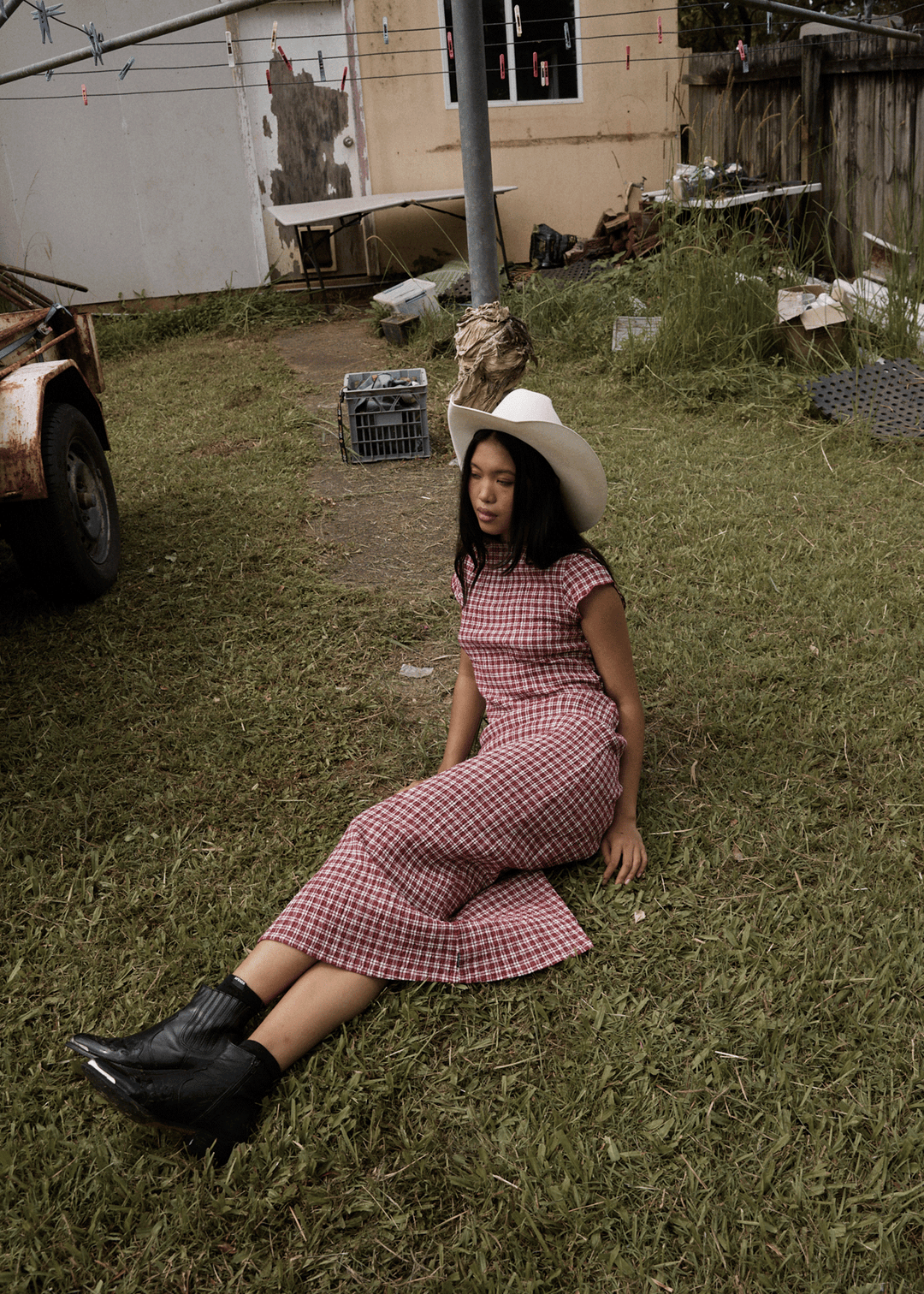 Base Seersucker Midi Dress - Burgundy Check