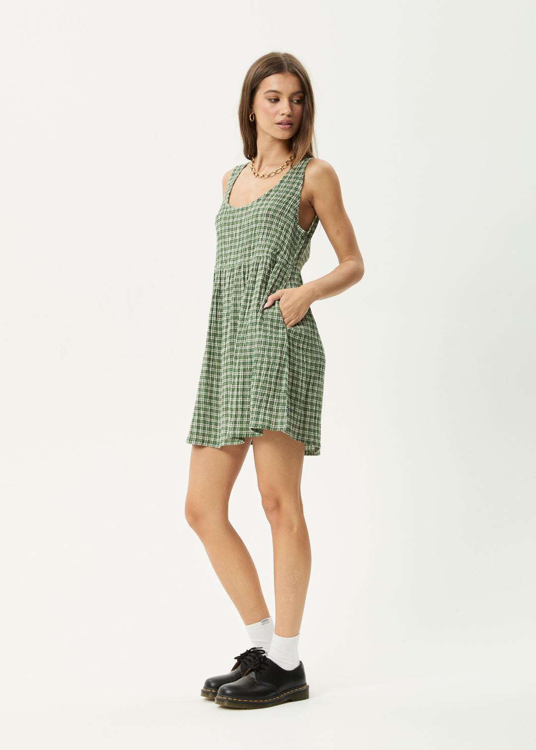 Base Jesse Seersucker Mini Dress - Deep Green Check