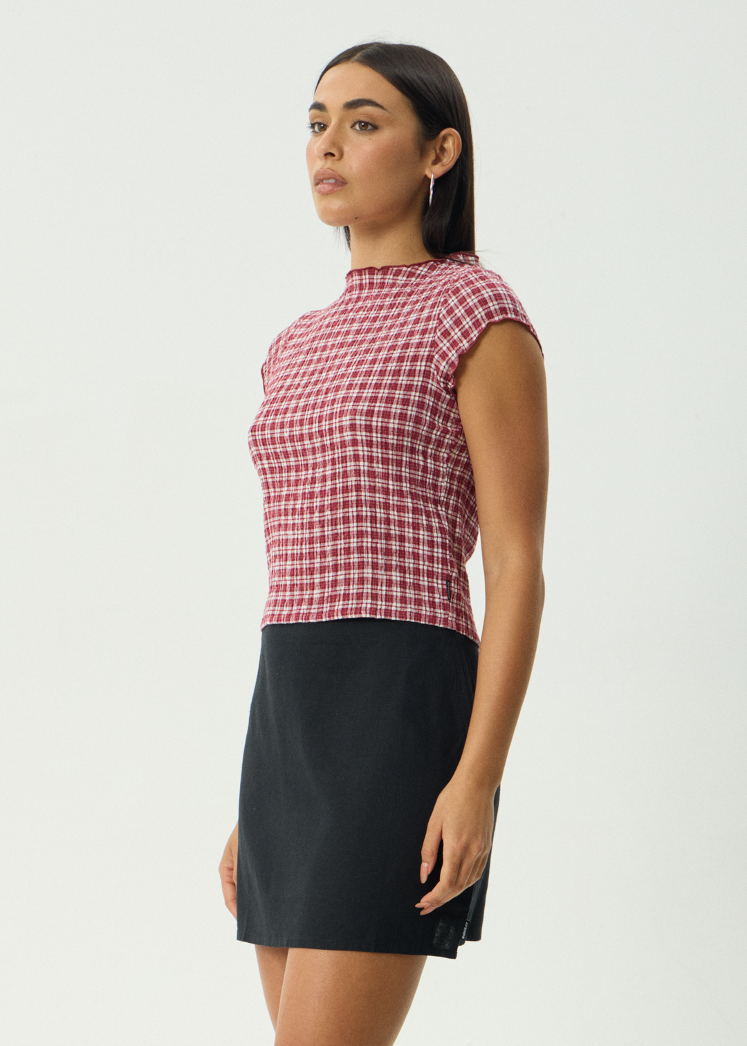 Base Seersucker Mock Neck Top - Burgundy Check
