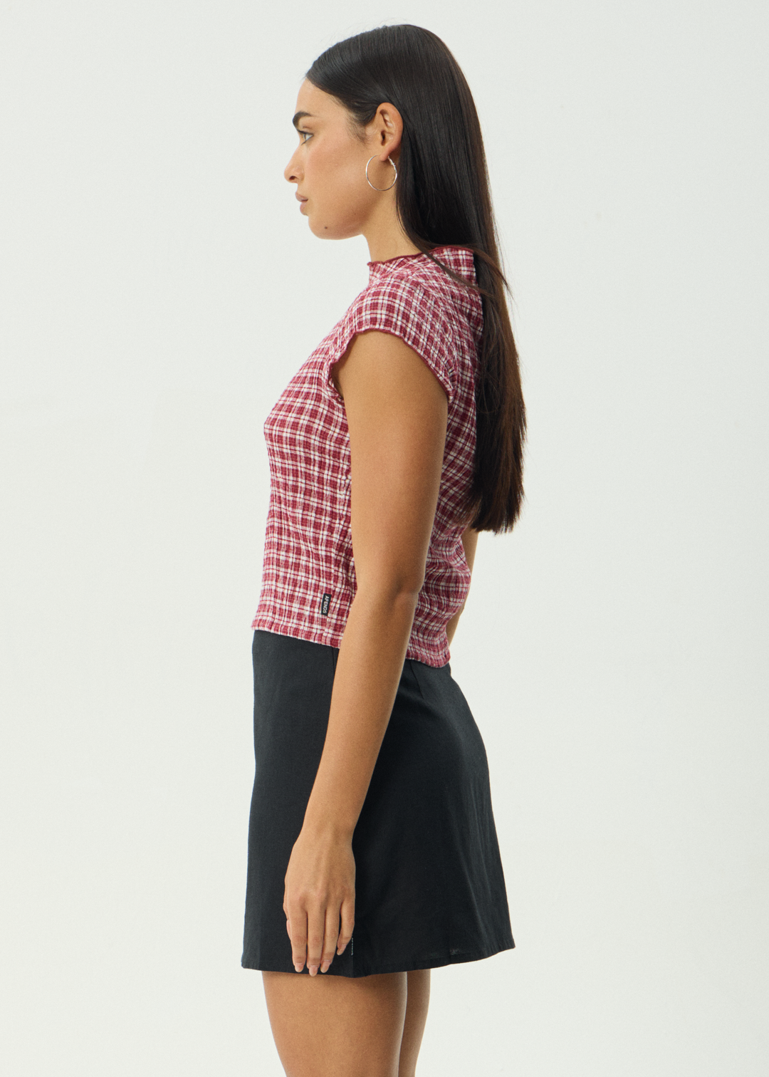 Base Seersucker Mock Neck Top - Burgundy Check