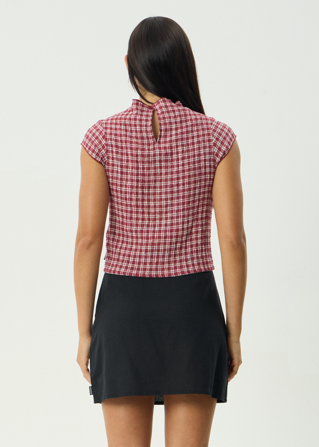 Base Seersucker Mock Neck Top - Burgundy Check