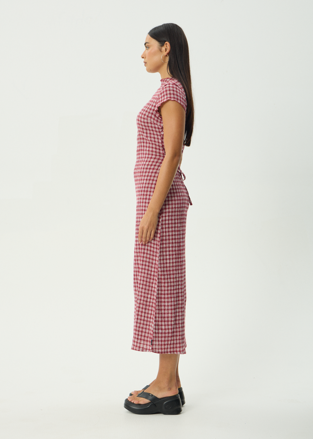 Base Seersucker Midi Dress - Burgundy Check