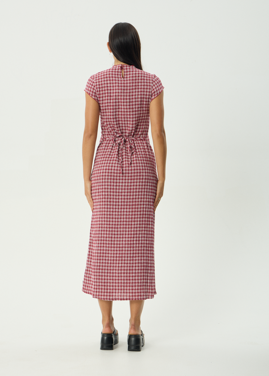 Base Seersucker Midi Dress - Burgundy Check