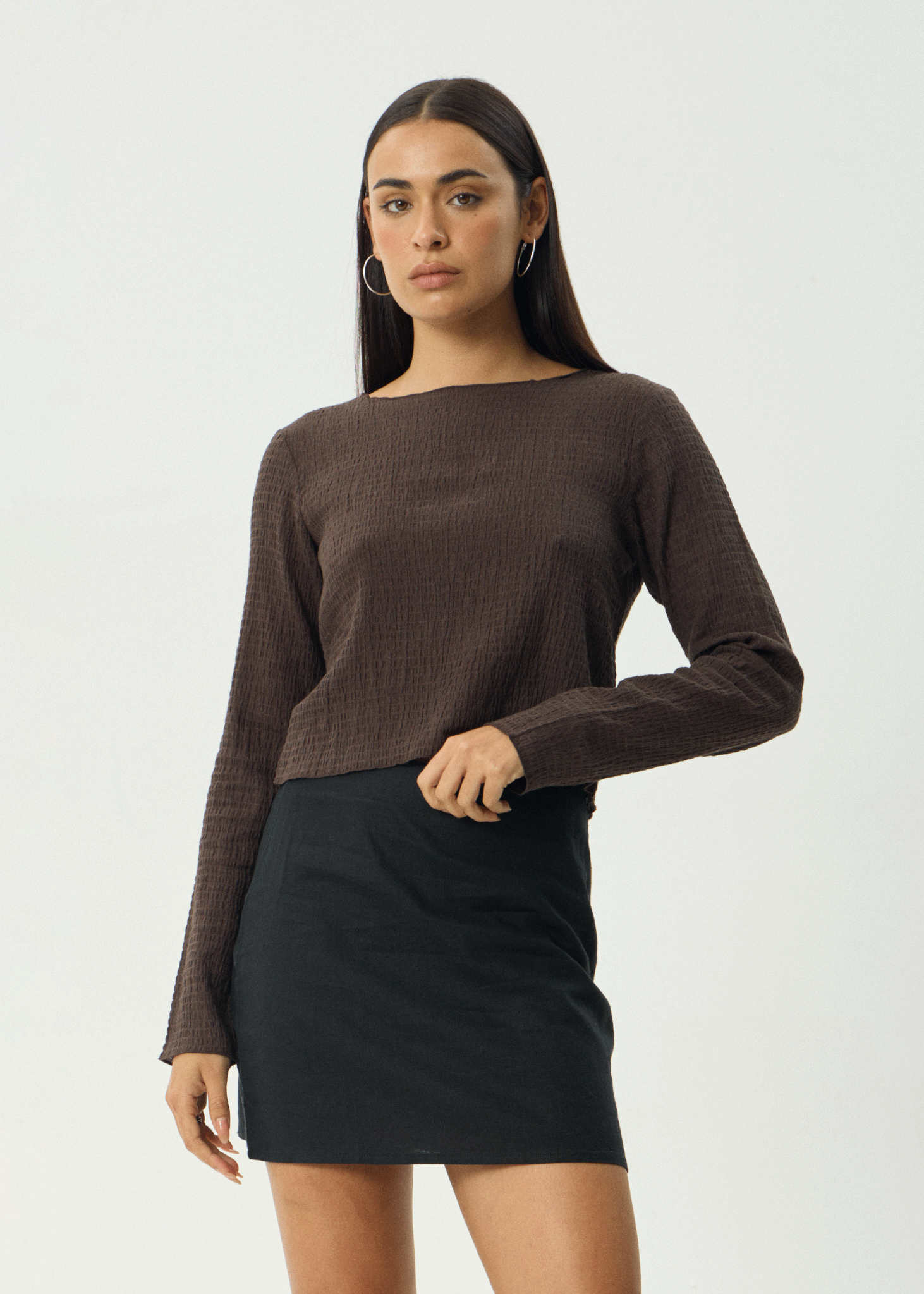 Focus Seersucker Long Sleeve Top - Coffee