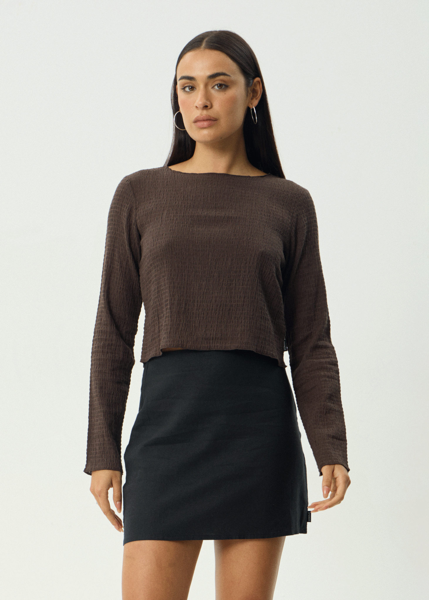 Focus Seersucker Long Sleeve Top - Coffee