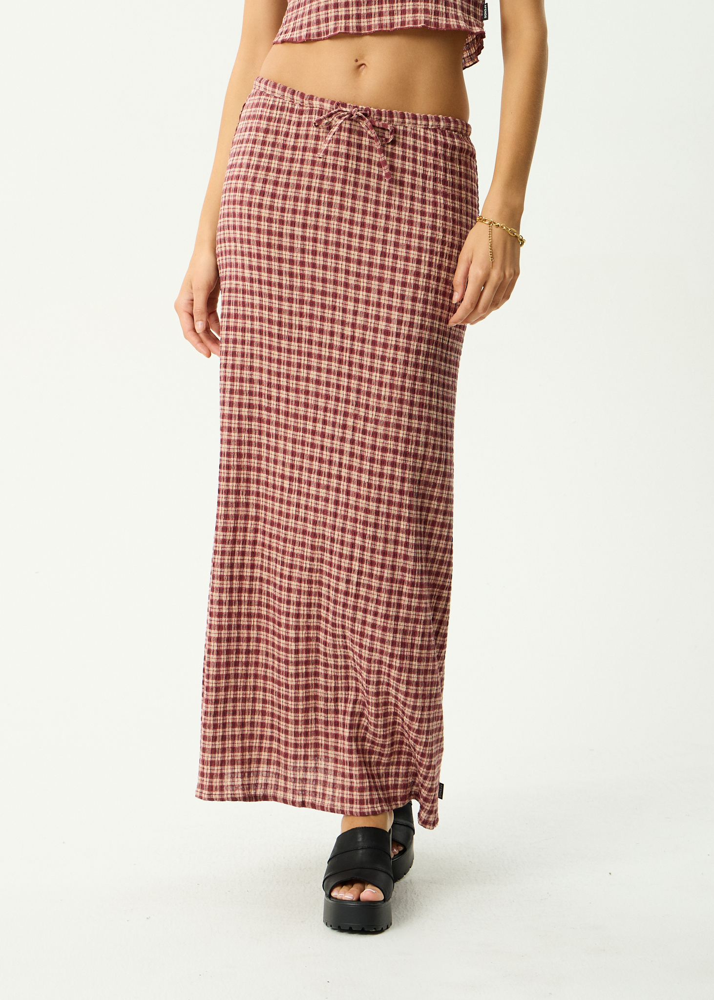 Capricorn - Seersucker Maxi Skirt - Burgundy / Beige Check