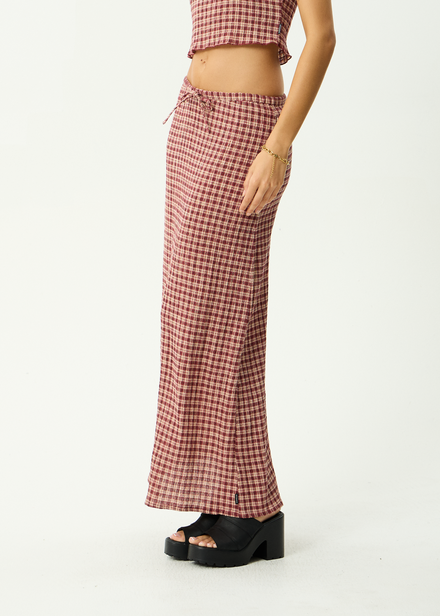 Capricorn - Seersucker Maxi Skirt - Burgundy / Beige Check