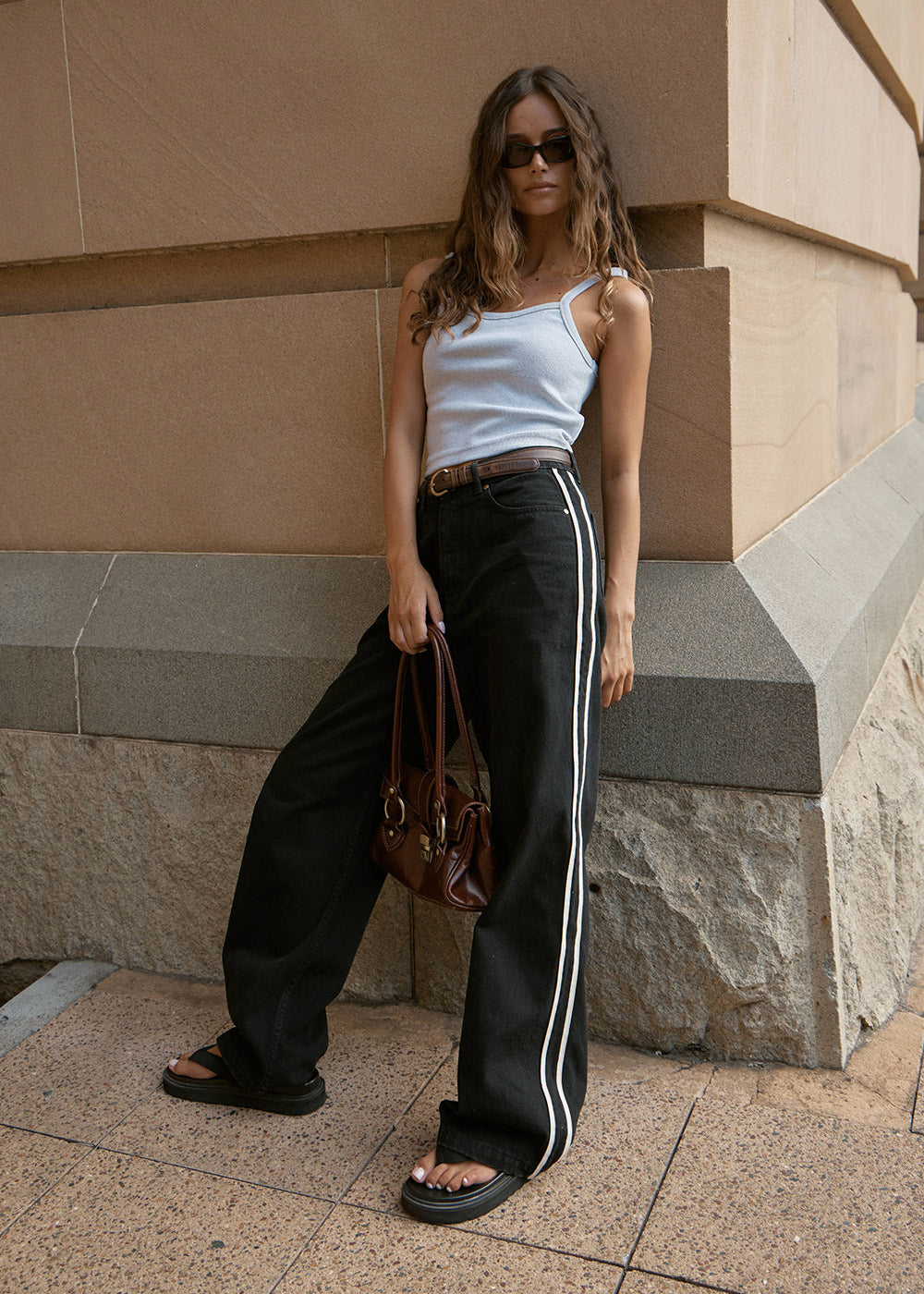 Bella Stripe Denim Wide Leg Jean - Washed Black