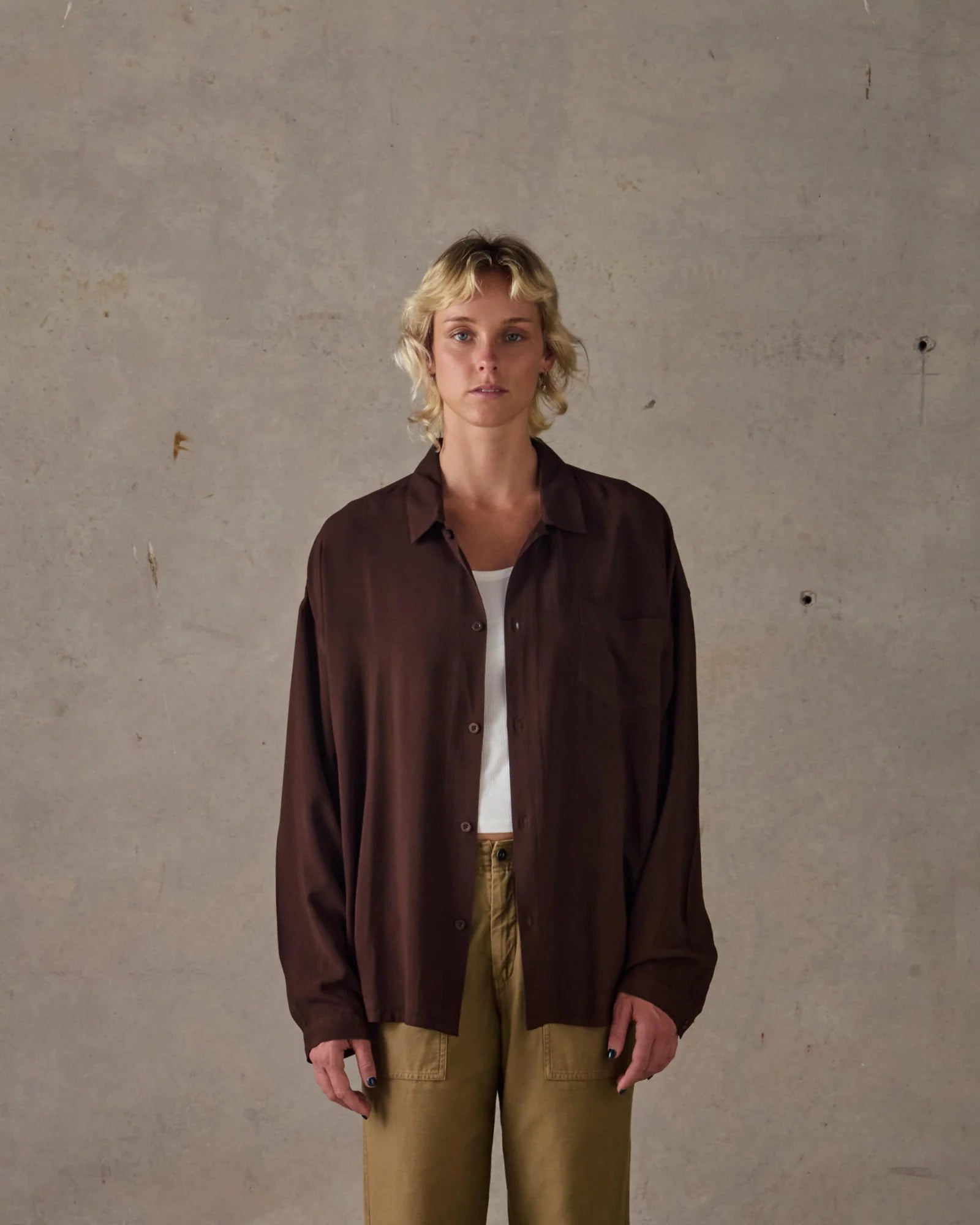 Boxy Long Sleeve Shirt - Brown