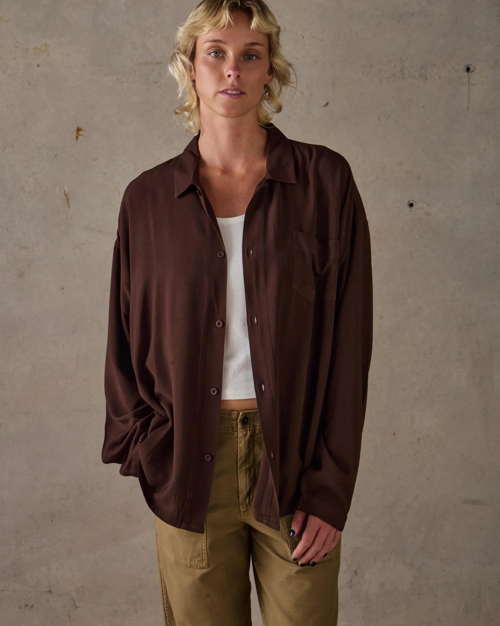 Boxy Long Sleeve Shirt - Brown