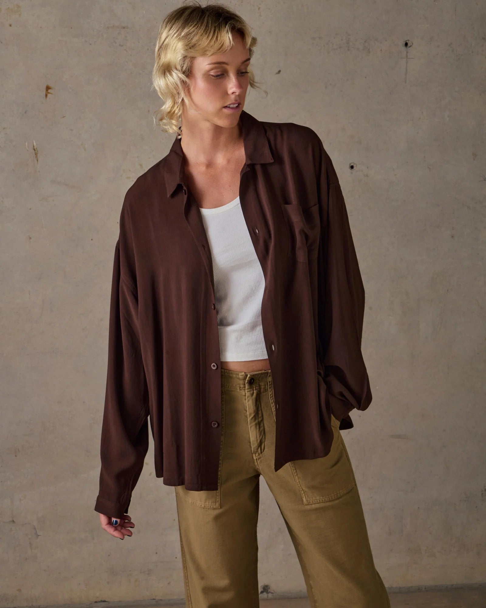 Boxy Long Sleeve Shirt - Brown