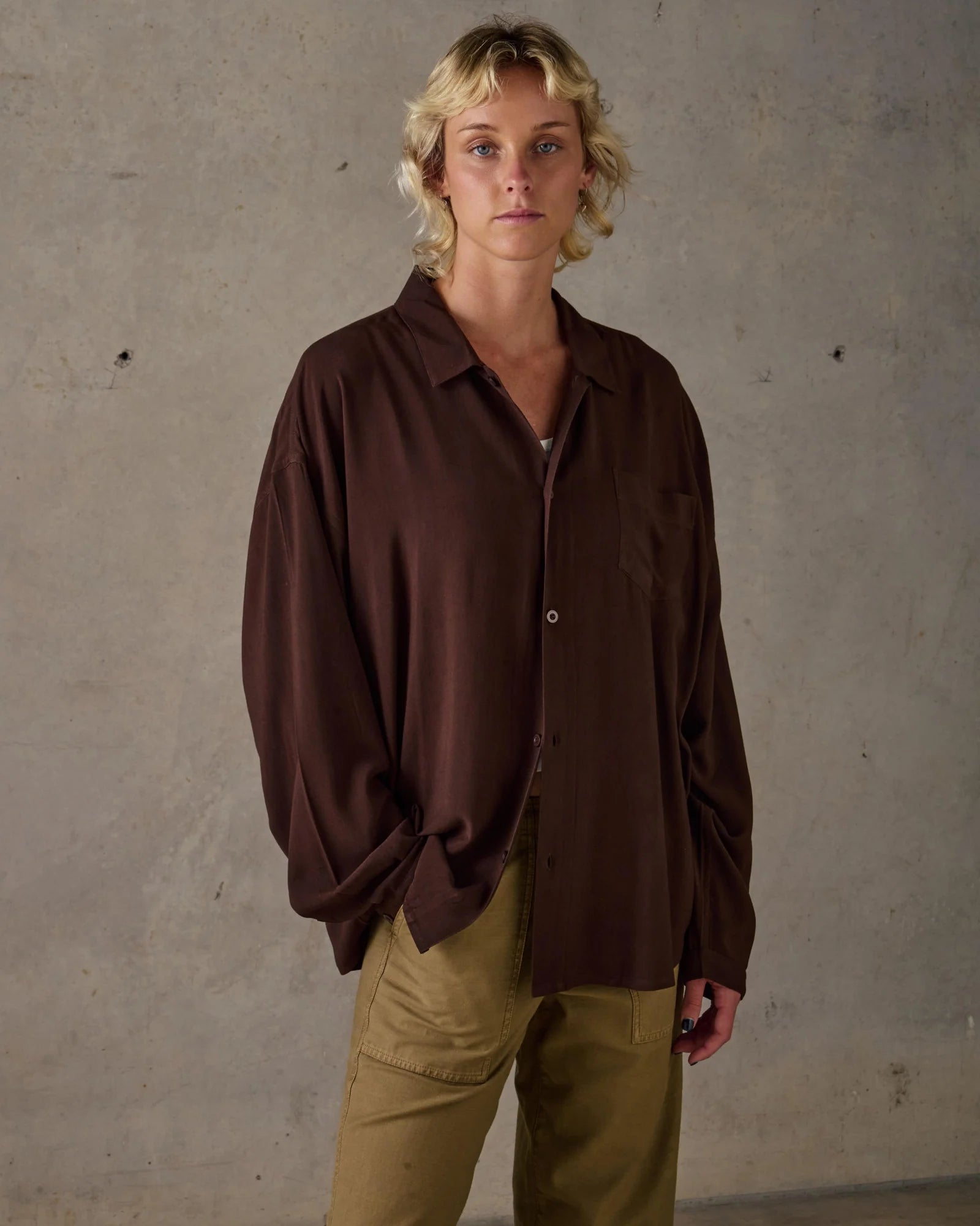Boxy Long Sleeve Shirt - Brown