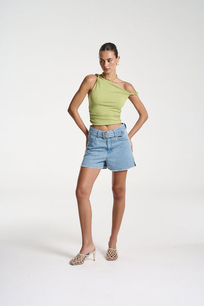 Twist Off Shoulder Top - Apple Green