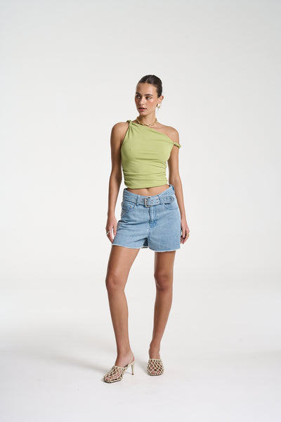 Twist Off Shoulder Top - Apple Green