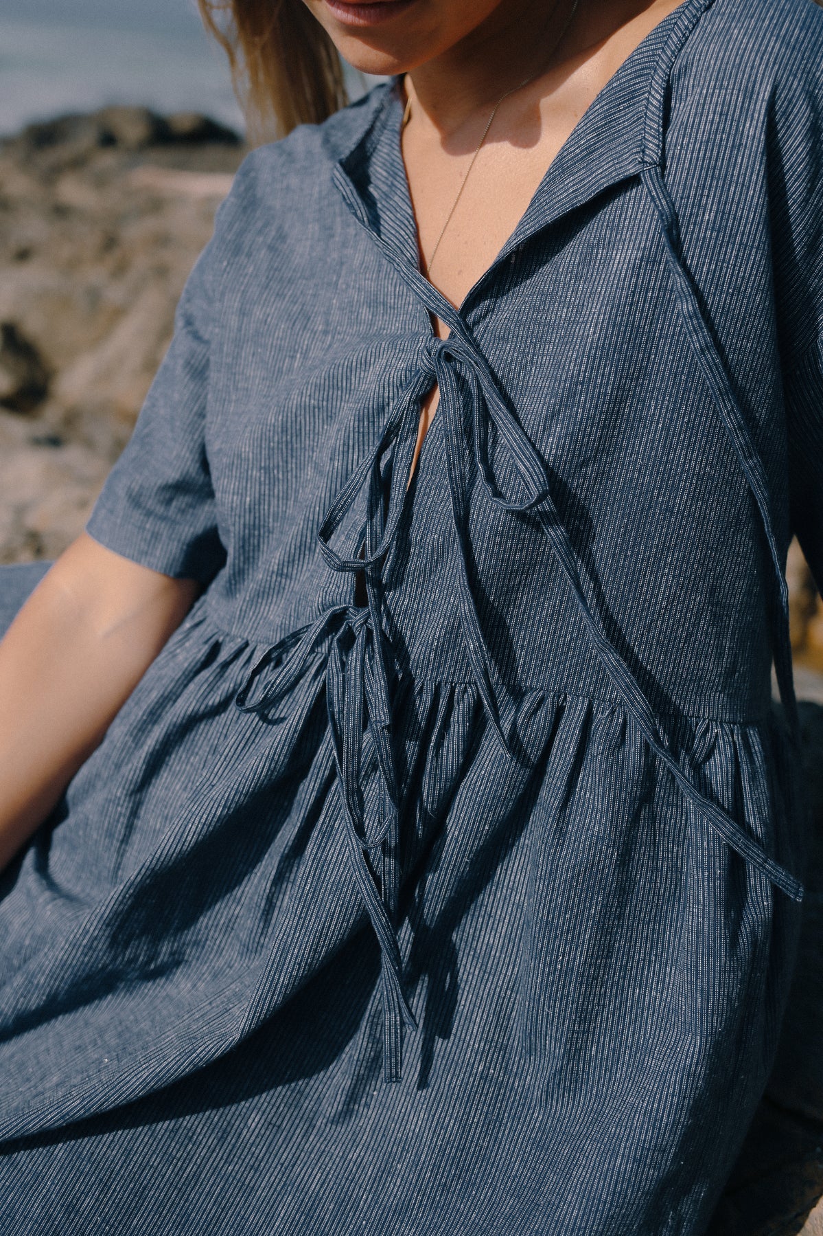 Darcey Tie Dress - Navy Pinstripe